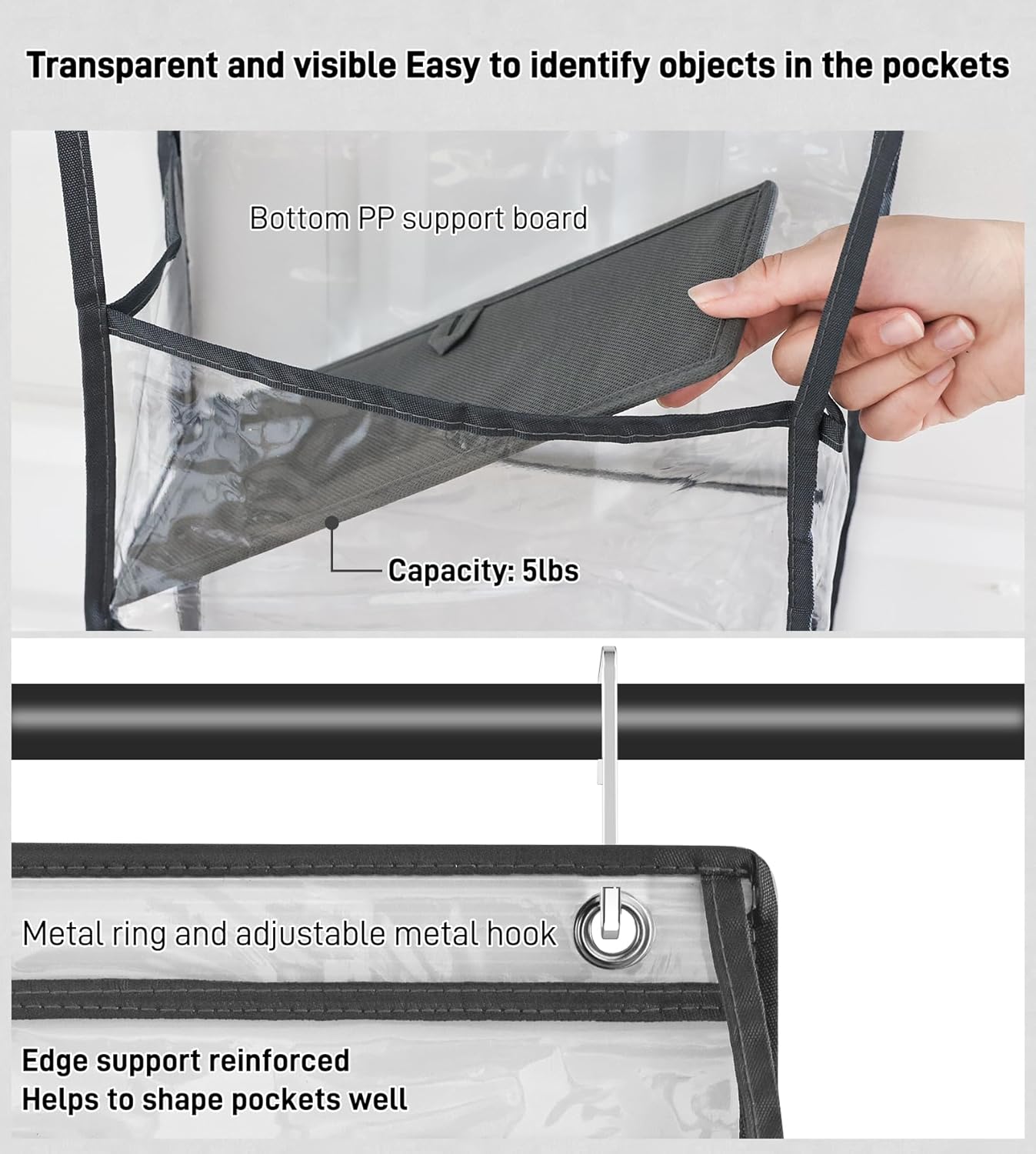 6-Shelf Over The Door Hanging Pantry Organizer Hanging Storage with Clear Plastic Pockets Behind The Door Storage Organizer with 3 Small PVC Pockets for Closet Bedroom Bathroom (Grey)