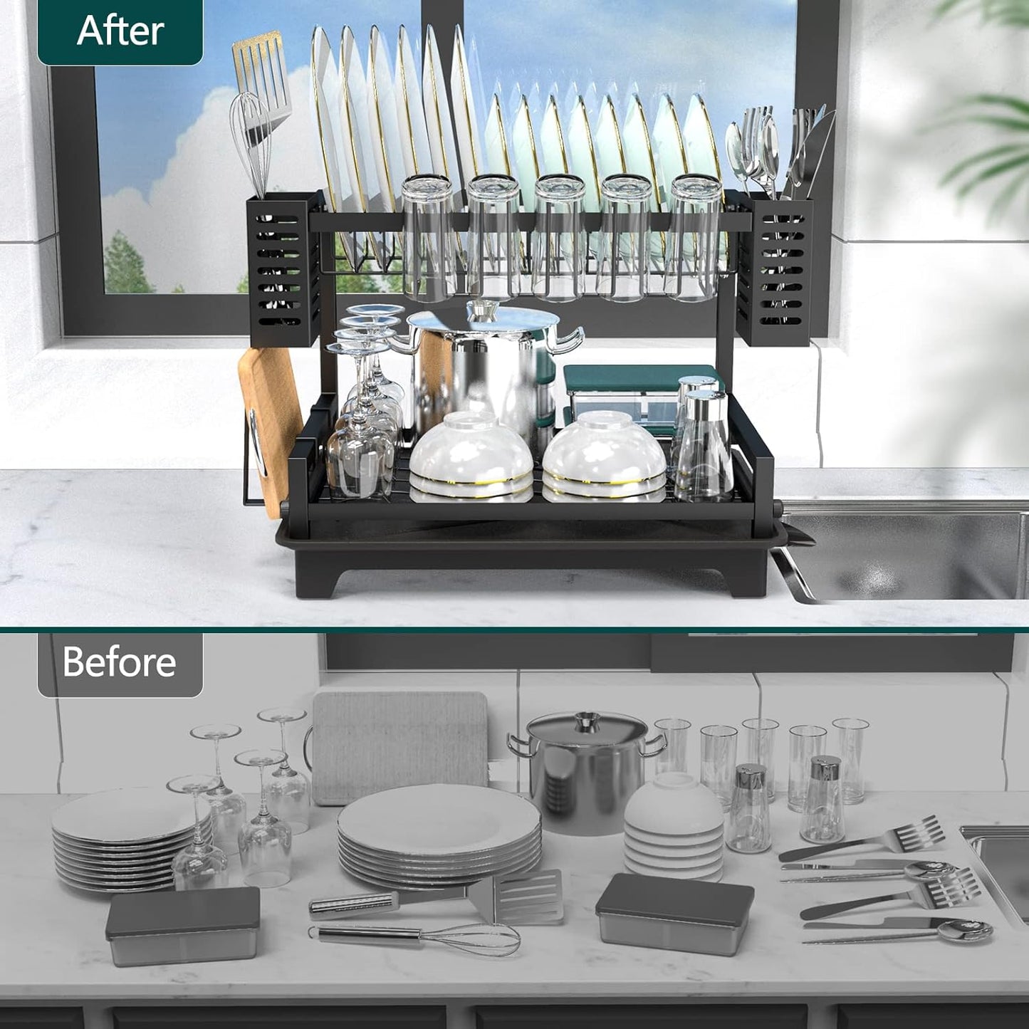 Dish Drying Rack: 2 Tier Dish Racks for Kitchen Counter and Sink