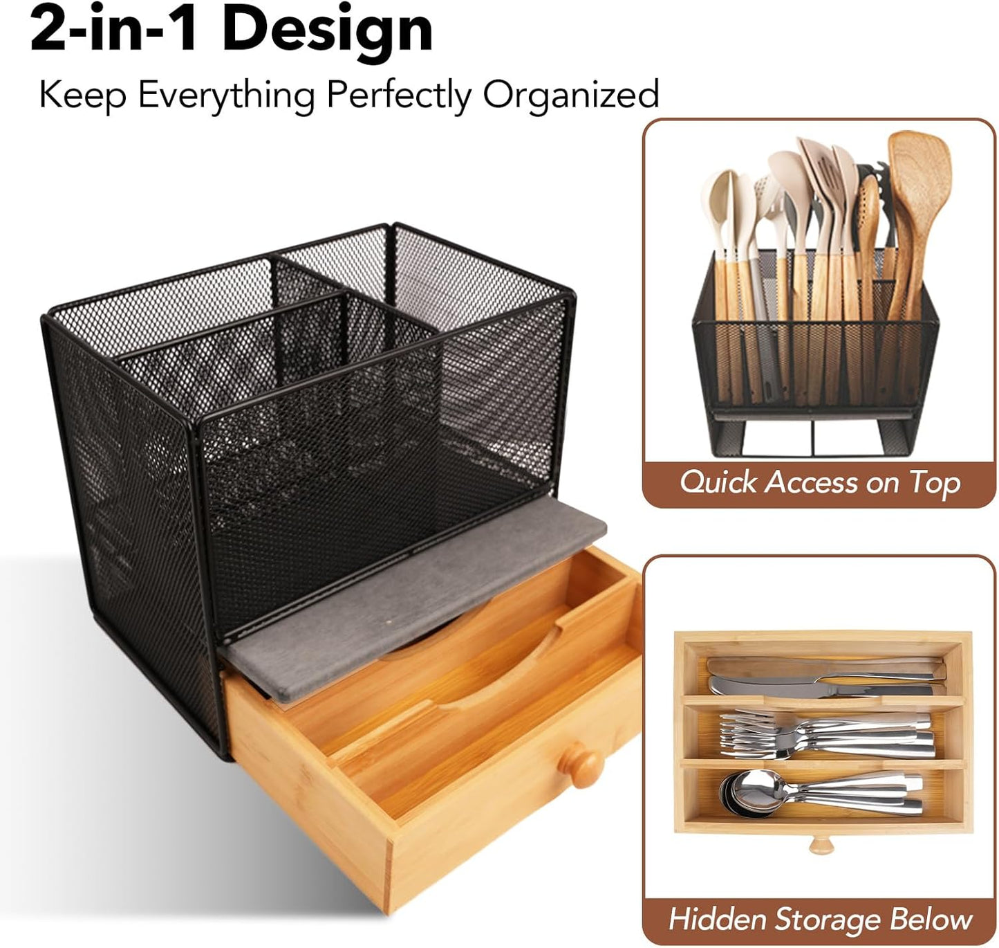 Kitchen Utensil Holder Countertop, Extra Large Utensil Organizer with Drawer