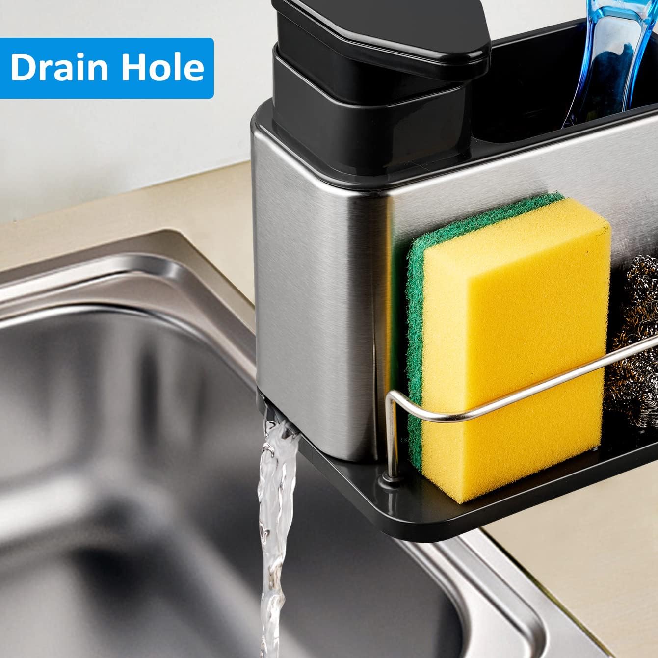 Soap Dispenser for Kitchen Sink, 3-in-1 Sponge Holder for Kitchen Sink Caddy