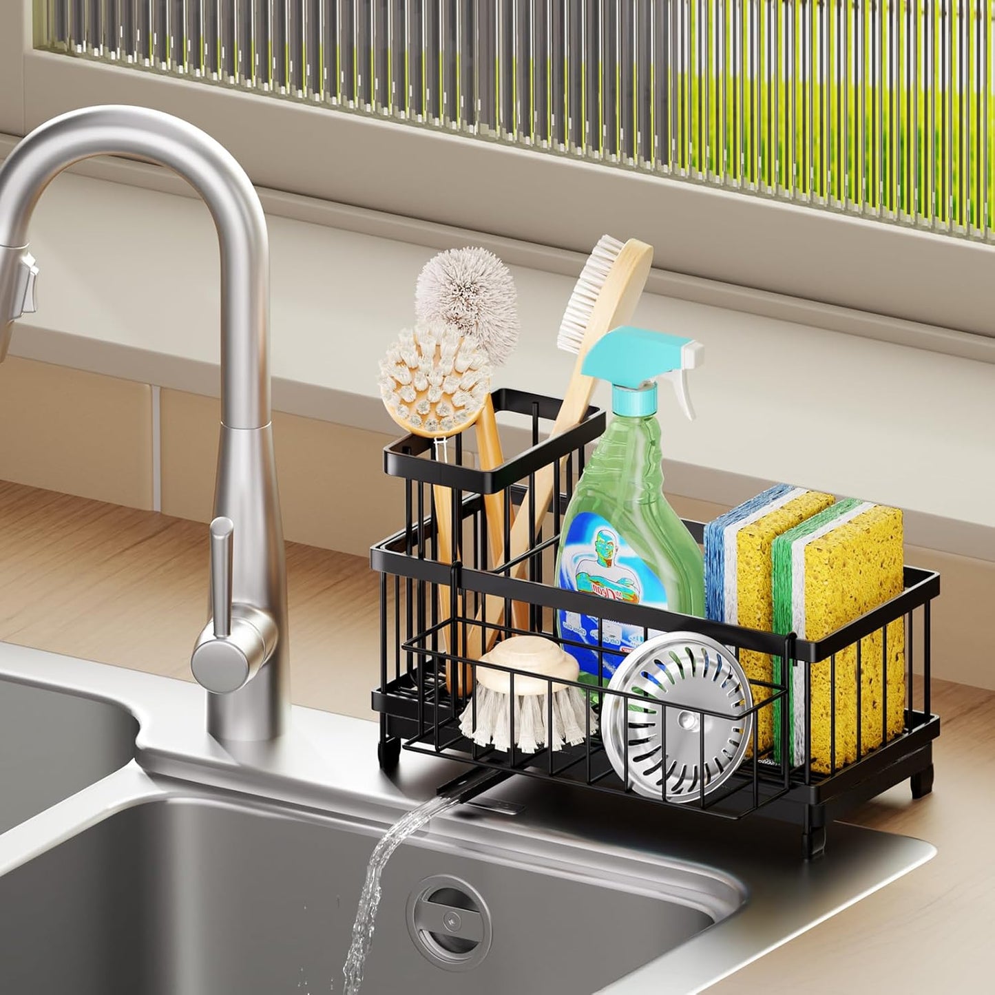 Sink Caddy Sponge Holder - Large Sponge Holder for Kitchen Sink with 360°Auto-Drain Tray