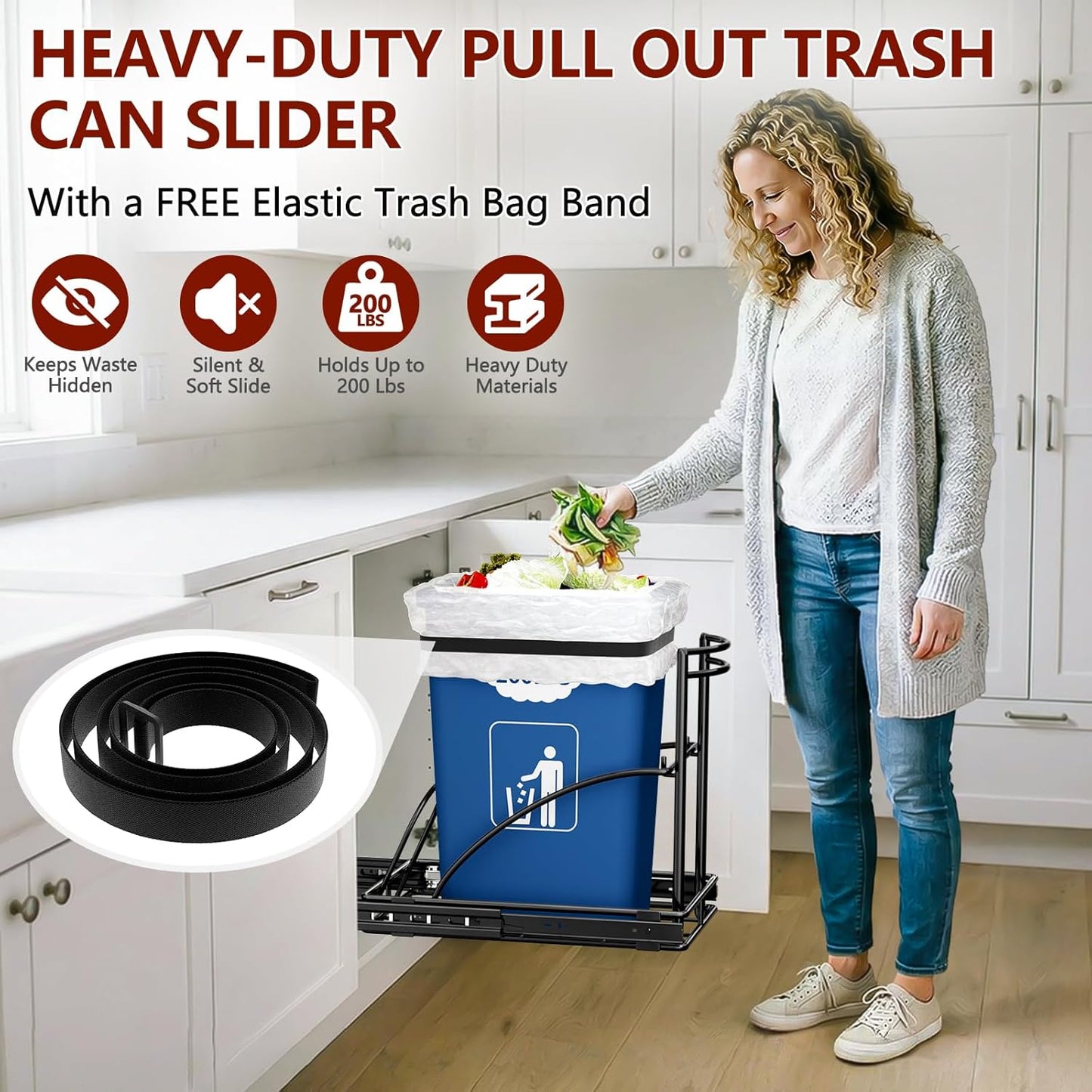 Under Sink Trash Can Pull Out Trash Hidden for 30-50 Qt 7-13 Gallon Garbage Can Under 13" Wx19 Dx17 H Cabinet, Black Pull Out Kit with Full Extension Slide for Kitchen and Bathroom, No Bin