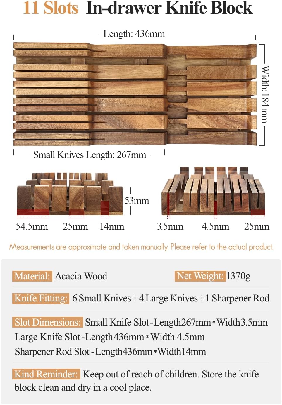 In-drawer Knife Block, Natural Acacia Knife Drawer Oganizer, Insert-Kitchen Storage Holder
