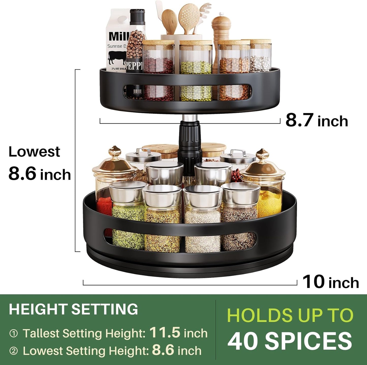 Lazy Susan Organizer Spice Rack - 2 Tier Height Adjustable Spice Organization for Cabinet