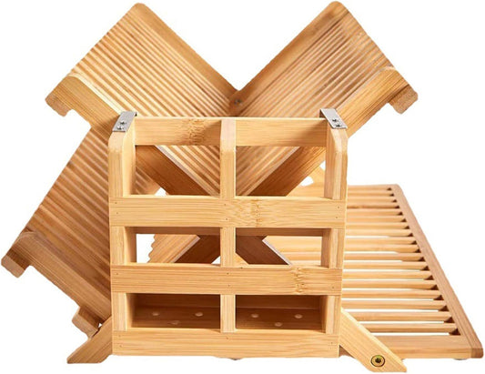Bamboo Dish Drying Rack for Kitchen - Collapsible 3-Tier Wooden Folding Drainer with Utensil Holder and Dish Strainer Board for Countertop, Sink, and Racks Dryer (Natural)