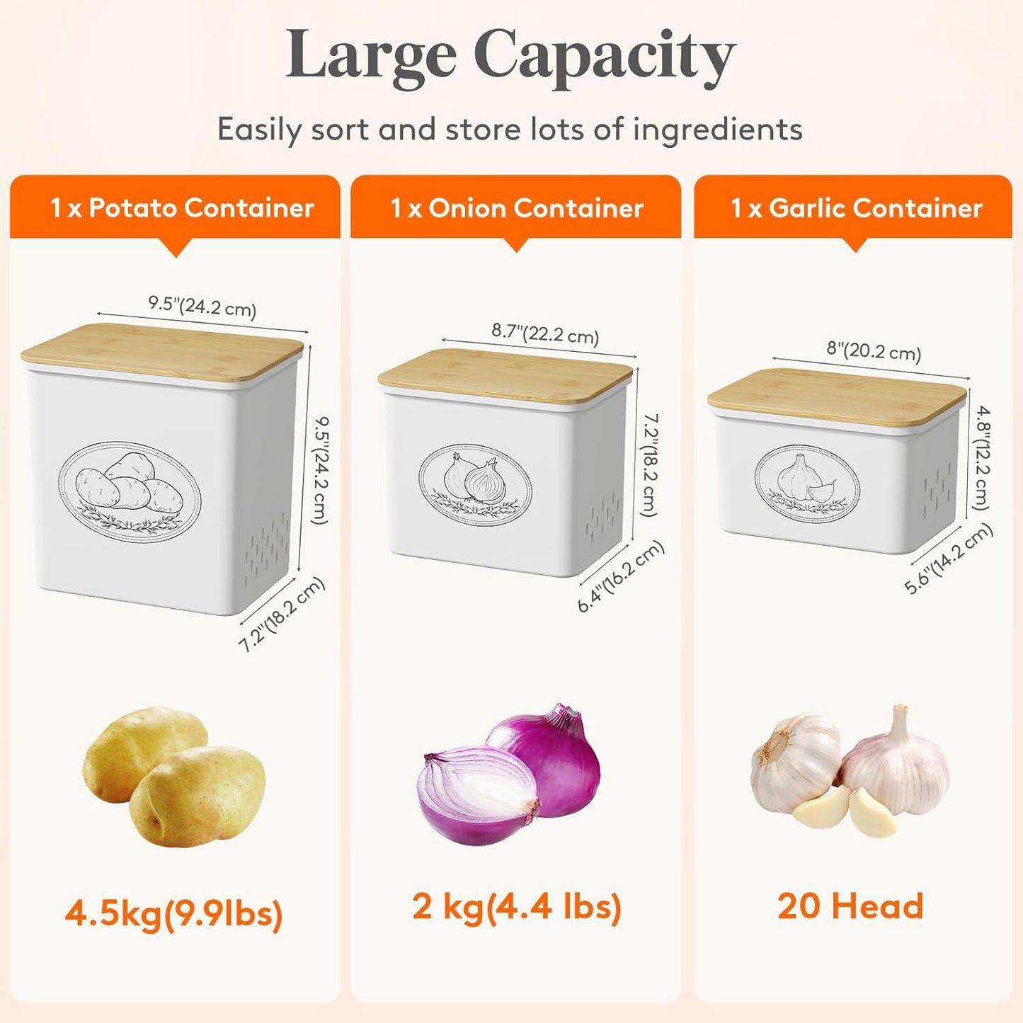 Potato and Onion Storage Bin, Stackable Garlic Keeper with Aerating Holes and Lid