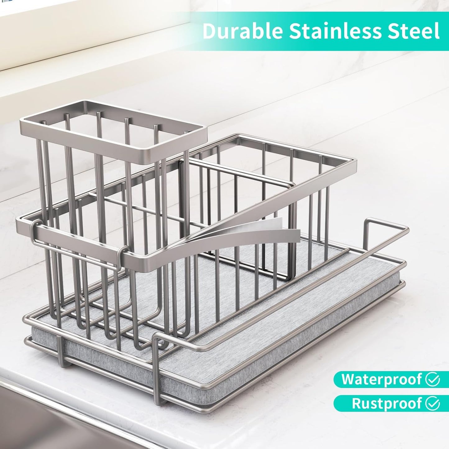 Sink Caddy Sponge Holder - Kitchen Sink Organizer with Instant Drying Stone and Brush Holder