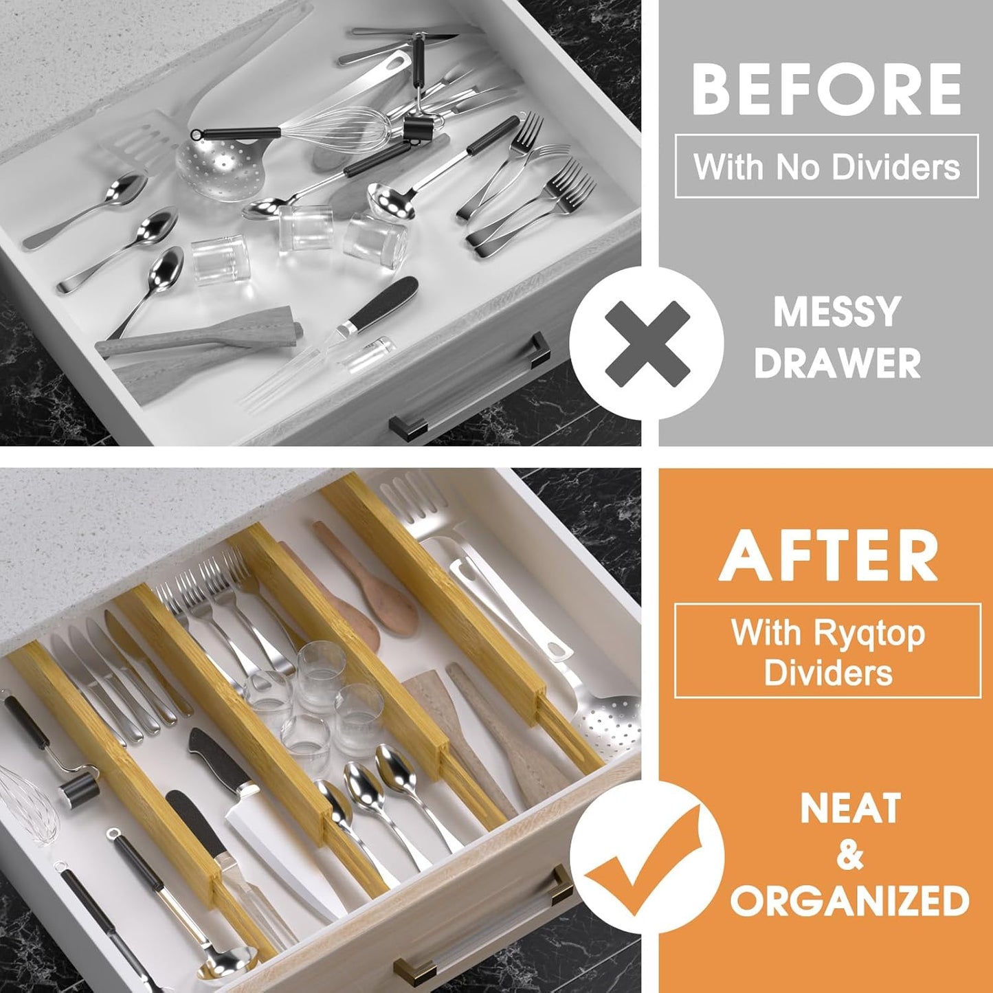 Bamboo Drawer Dividers Organizers, Kitchen Drawer Organizer, Adjustable Drawer Divider for Clothes