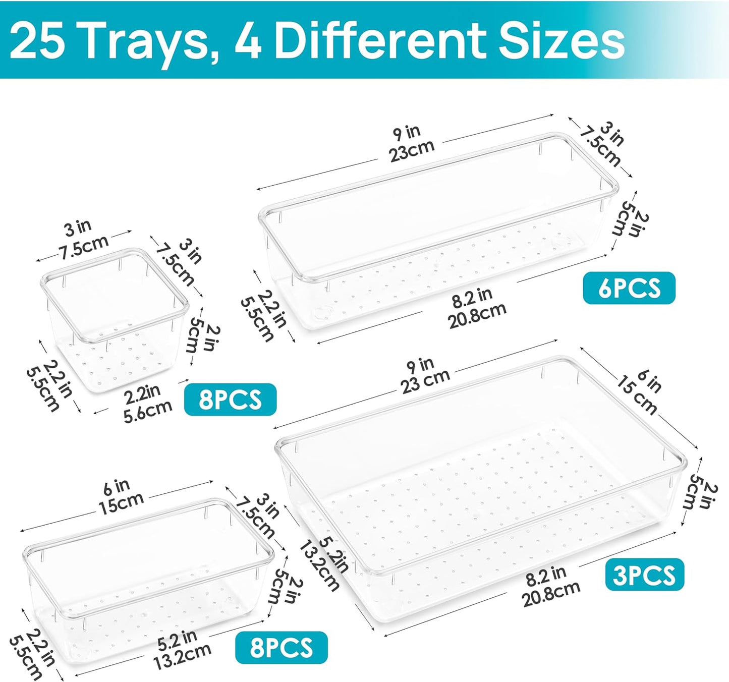 25 PCS Clear Plastic Drawer Organizers Set