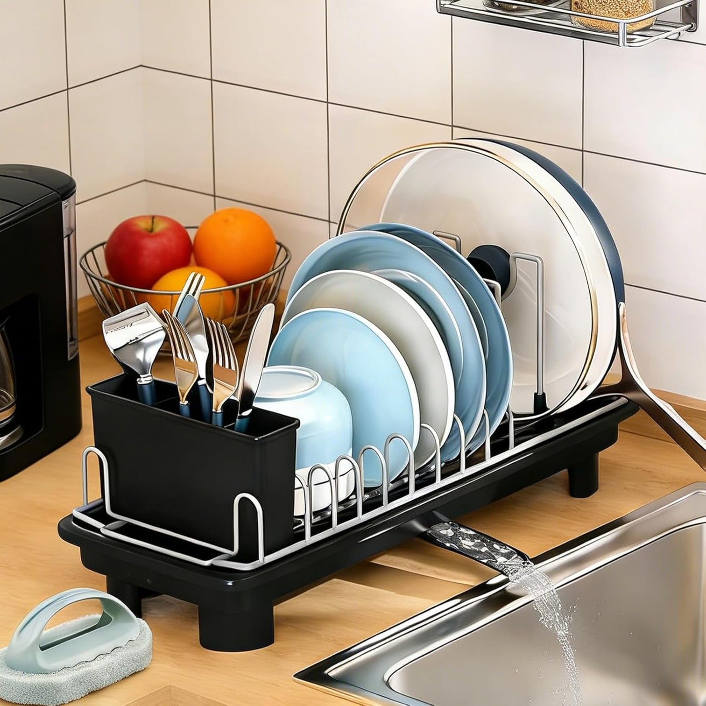 Compact Dish Drying Rack for Countertop, Small-Sized for Dorms, RVs & Tiny Kitchens, Auto-Drain
