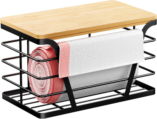 Small Grocery Bag Holder, Trash bag holder with Removable Bamboo Top, Wall Mount, No Drill