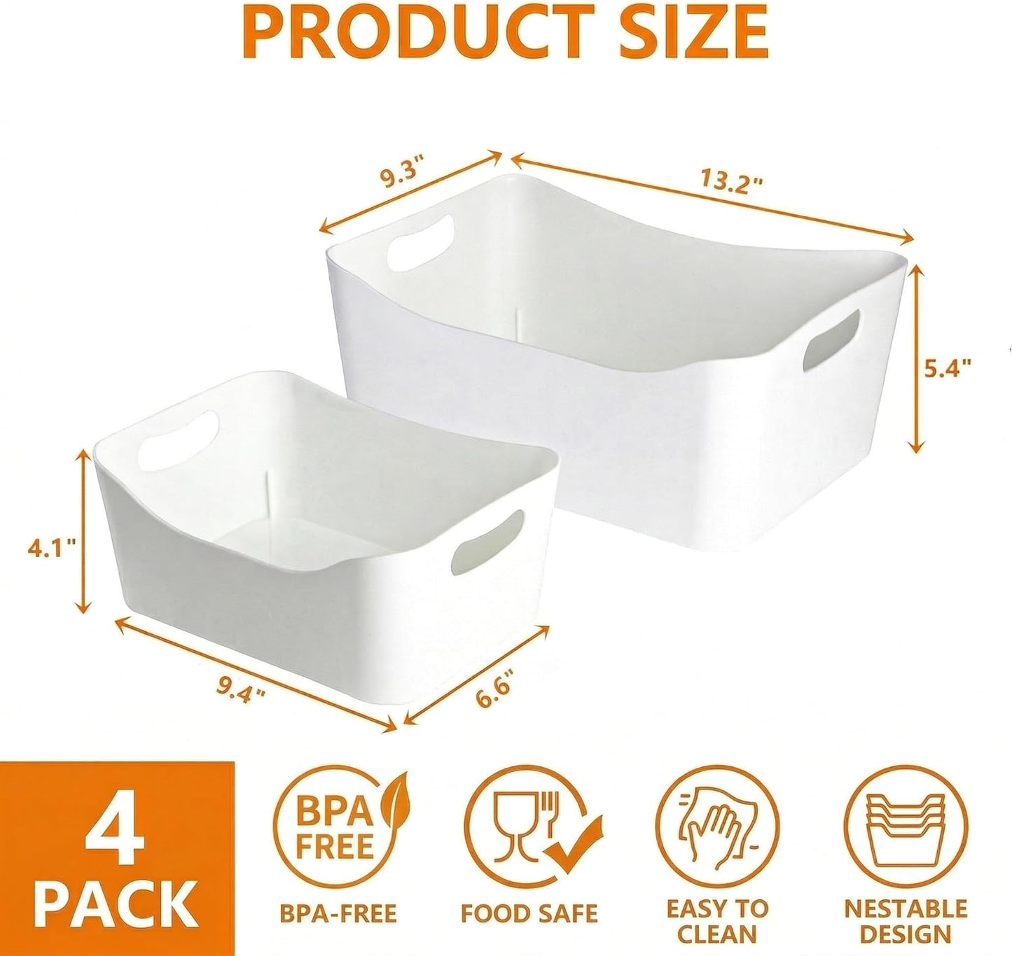 4 Pack White Plastic Storage Bins, Pantry Organizer Bin with Handles