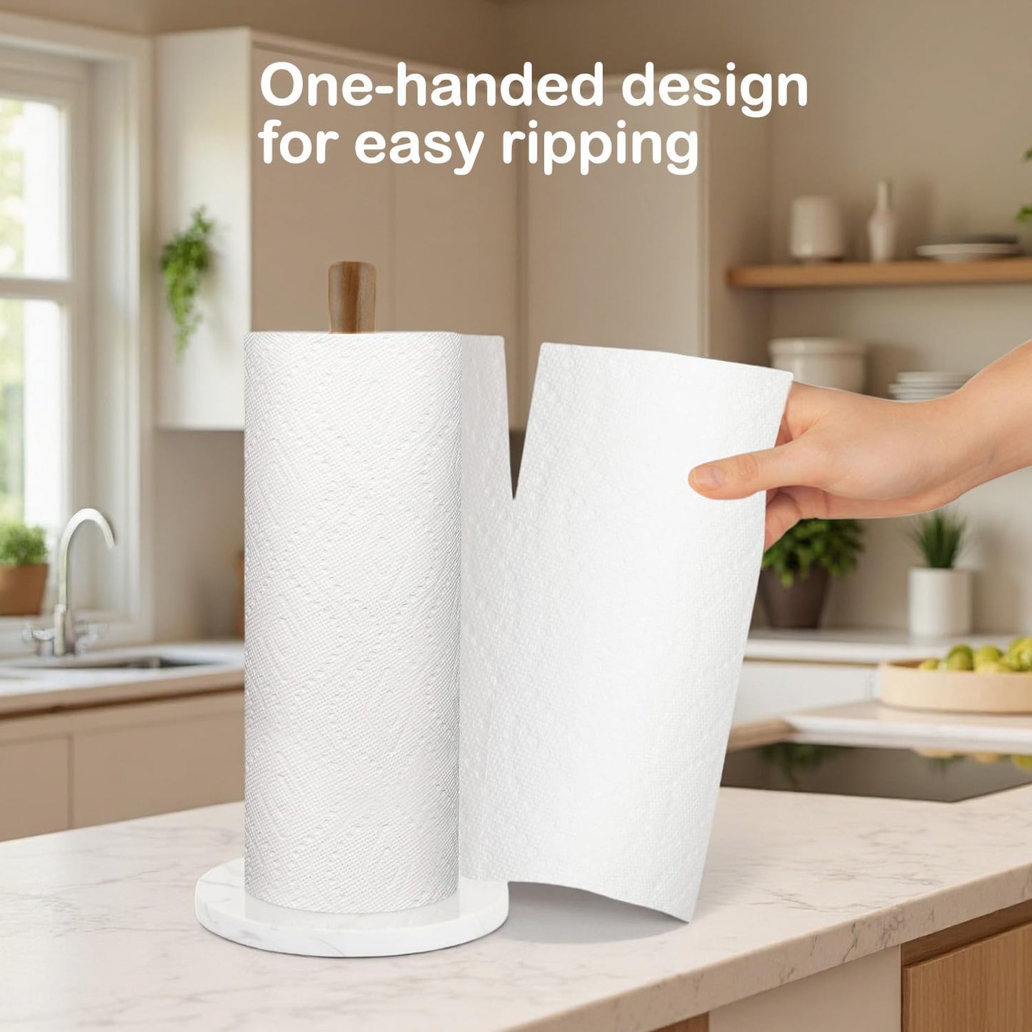 Wood Paper Towel Holder, Marble Base Modern Decorative Countertop Standing Rolls Holder for Kitchen, Toilet, Pantry and Bathroom (Marble Base White)
