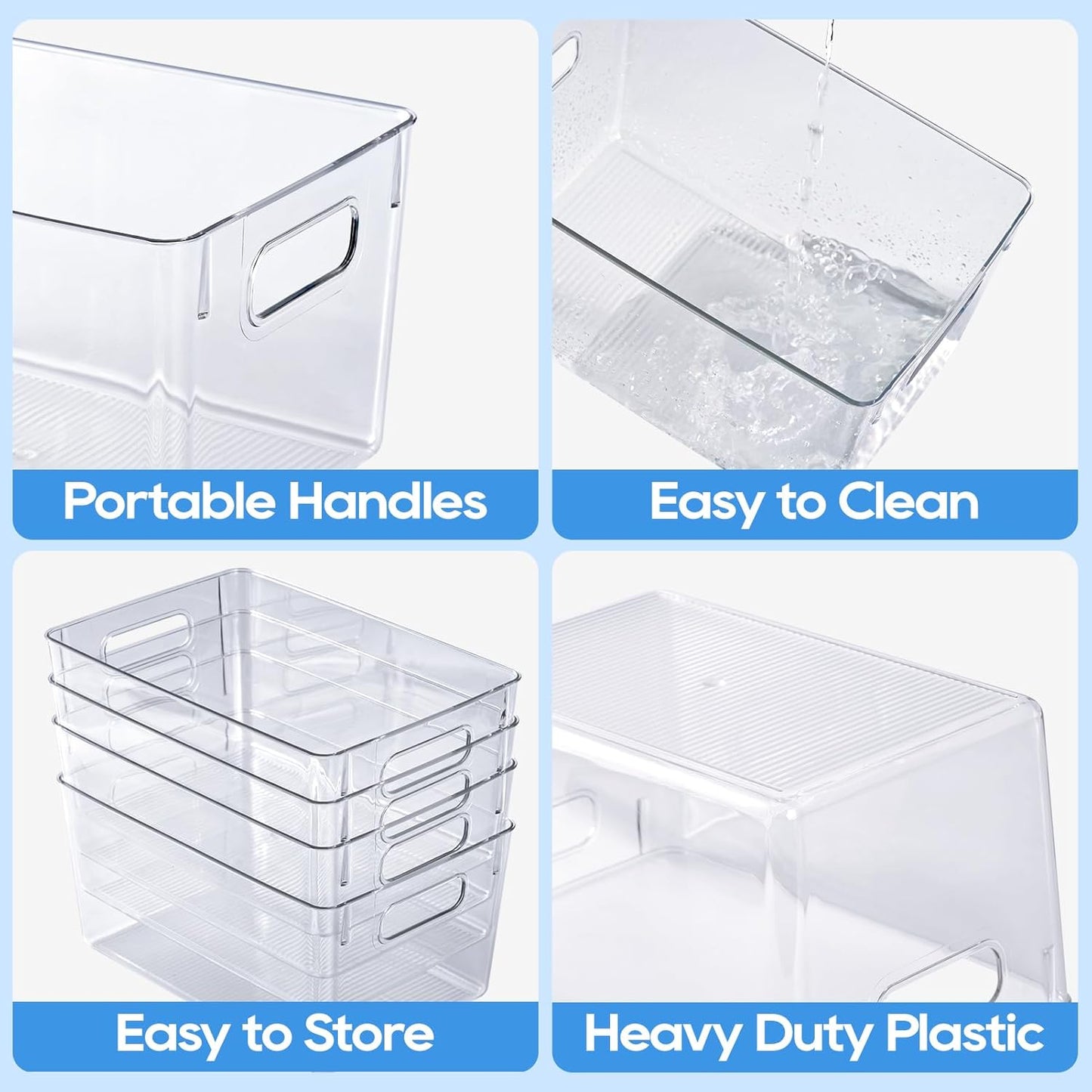4 Pack Clear Plastic Storage Bins, Pantry Organizers and Storage with Handles