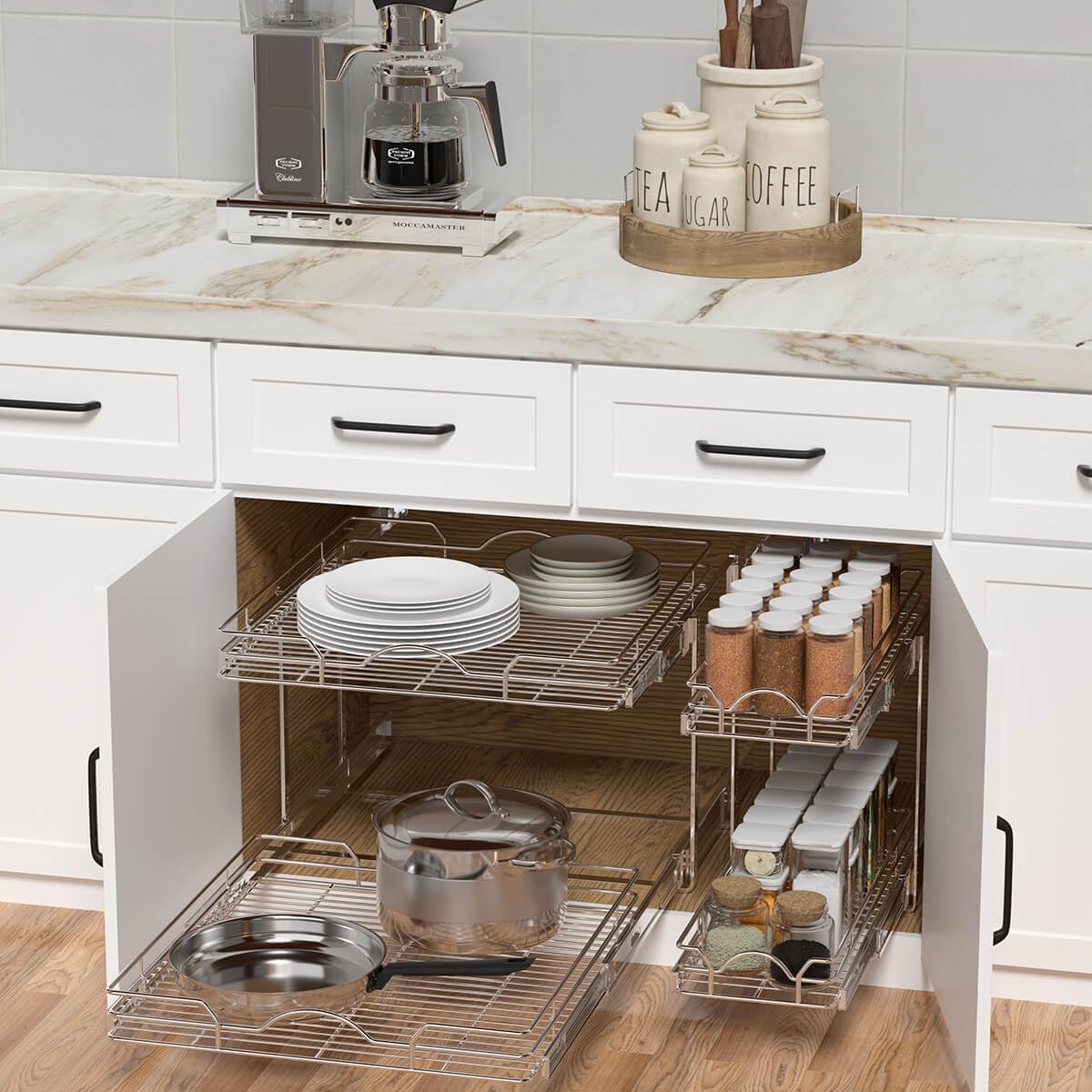 2 Tier Pull Out Cabinet Organizer (9.5" W x 21" D), Pull Out Drawers for Kitchen Cabinets