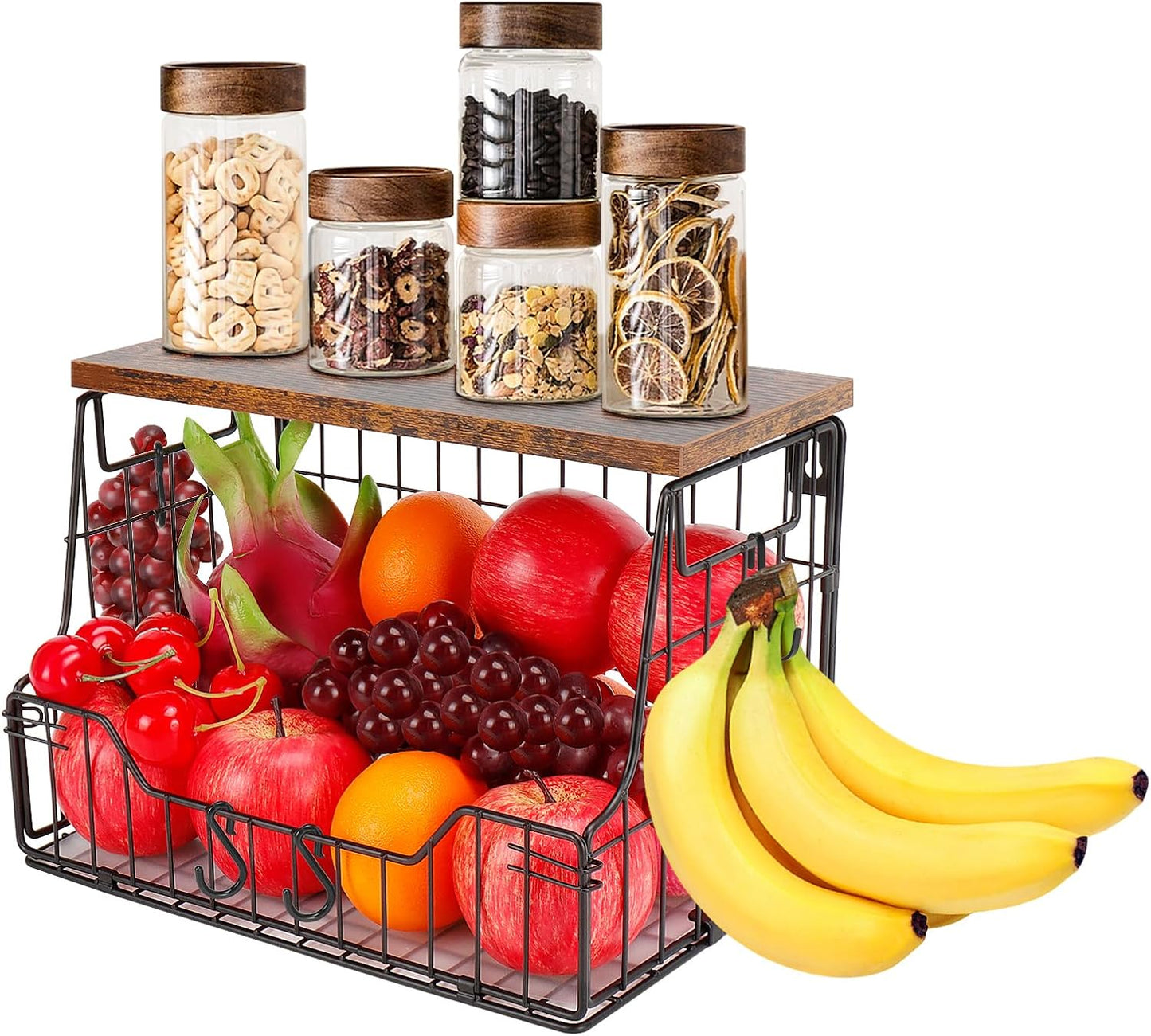 Fruit Basket for Kitchen, Metal Fruit Vegetable Storage Bin with 2 Banana Hangers