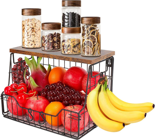 Fruit Basket for Kitchen, Metal Fruit Vegetable Storage Bin with 2 Banana Hangers