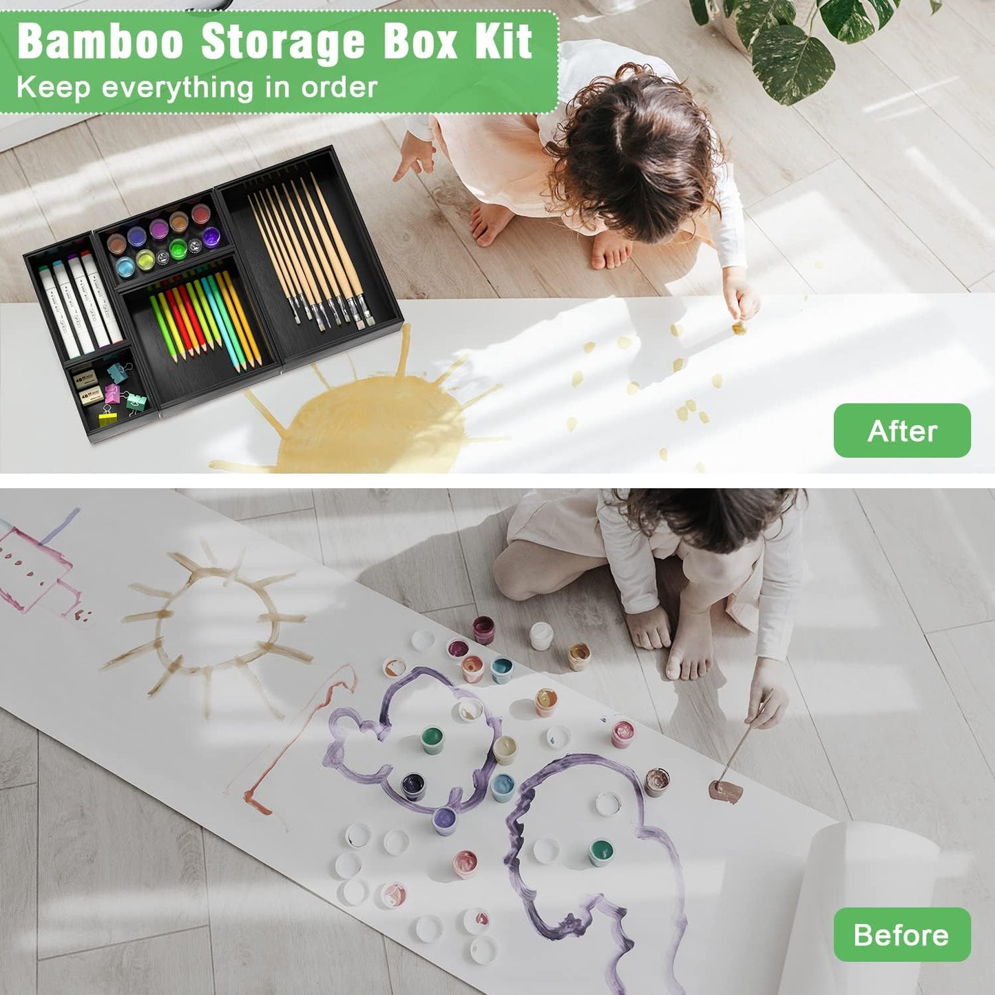 Black Bamboo Bathroom Drawer Organizer, Wooden Kitchen Utensil Holder Set of 5