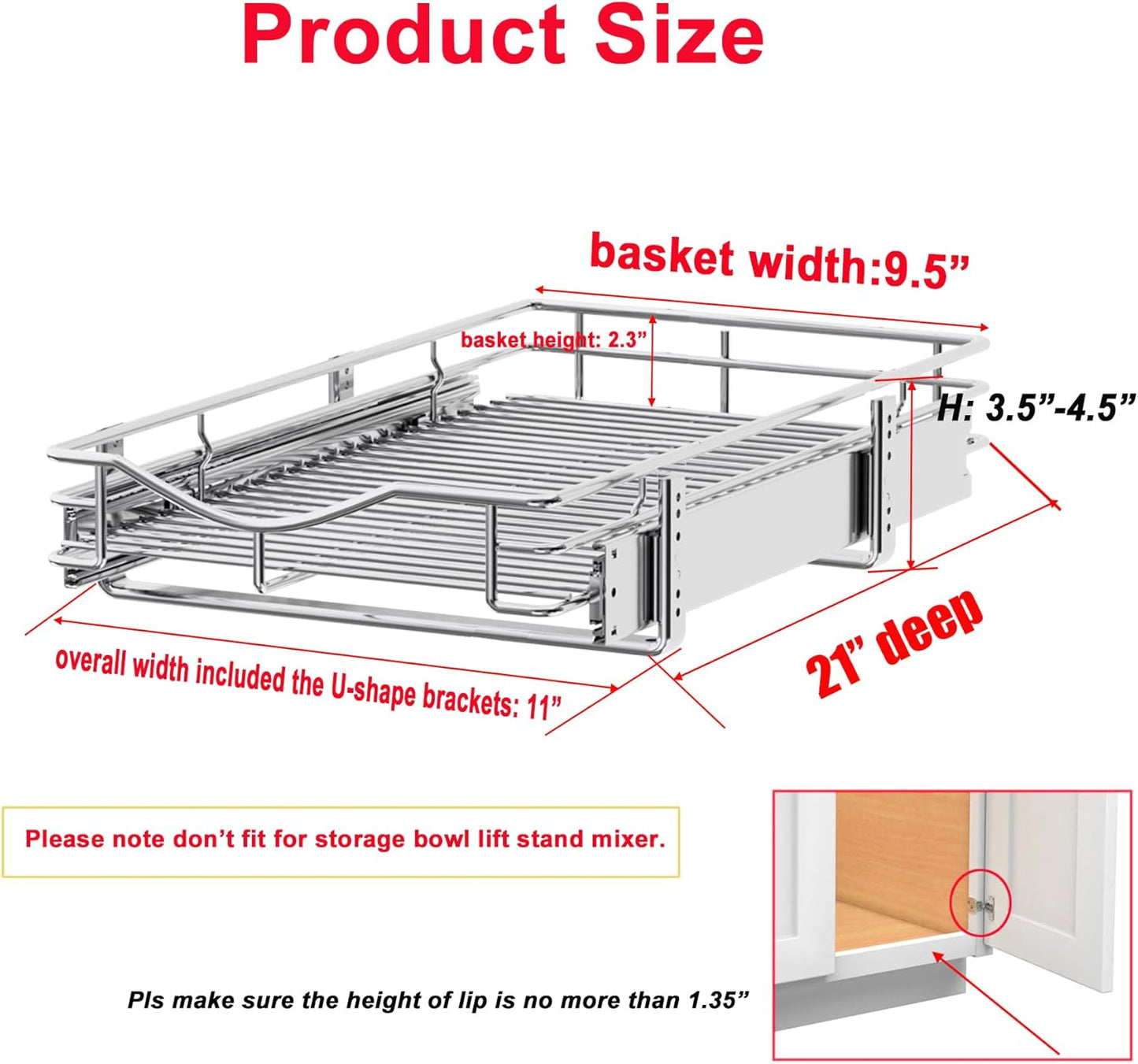 1 Tier Pull Out Cabinet Organizer (11" W x 21" D) Heavy-Duty Metal Sliding Drawer Shelf