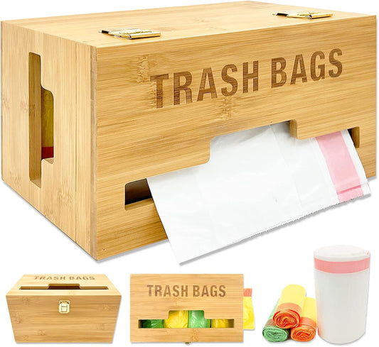 Trash Bag Dispenser with Handles, Garbage Bag Holder for Standard 13/30 Gallon Rolls Less Than 80 Bags, Kitchen Laundry Trash Bag Organizer, Wall Mounted/On Countertop/Under-Sink