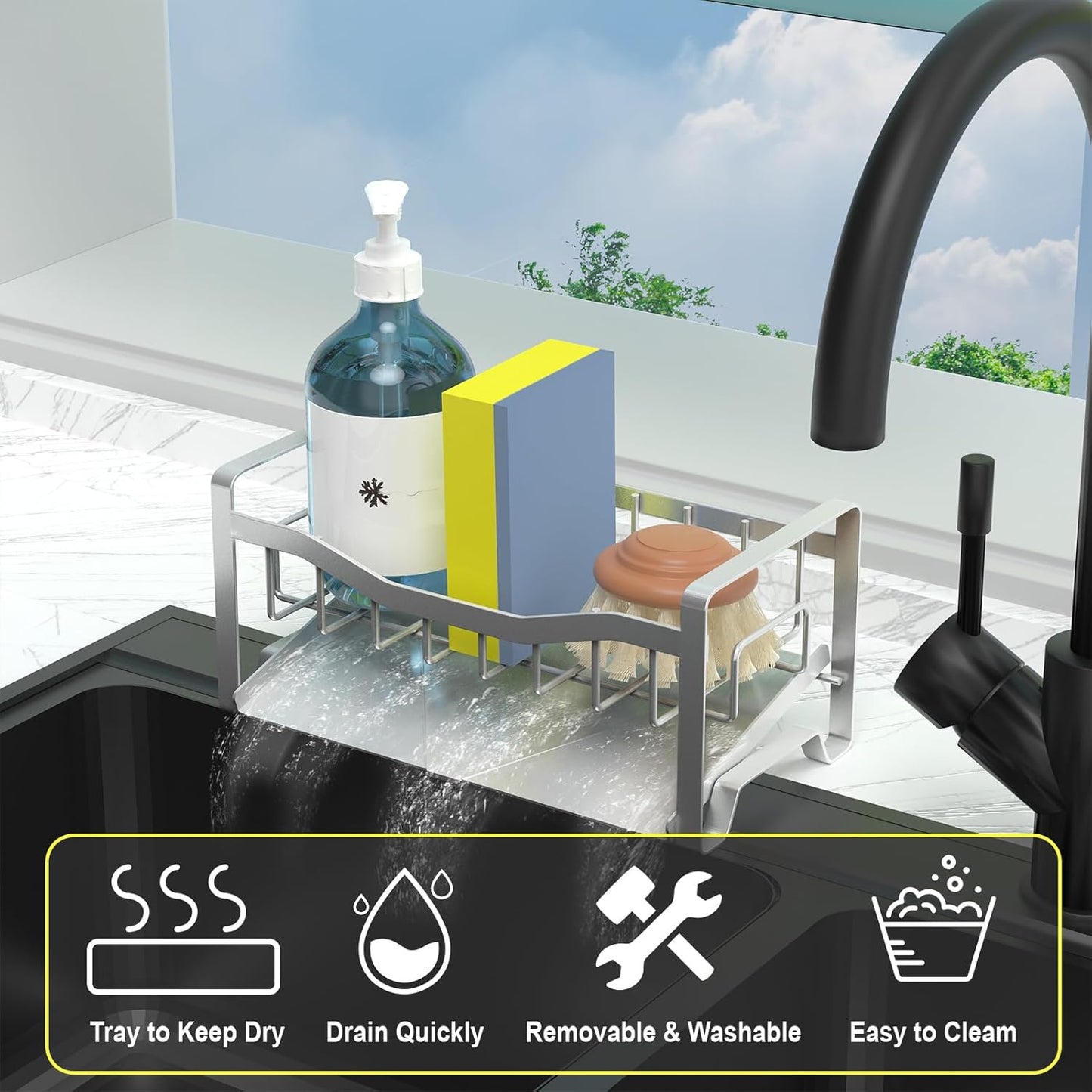 Kitchen Sink Caddy Organizer Sponge Holder for Kitchen Sink with Stainless Steel Auto Drain Tray
