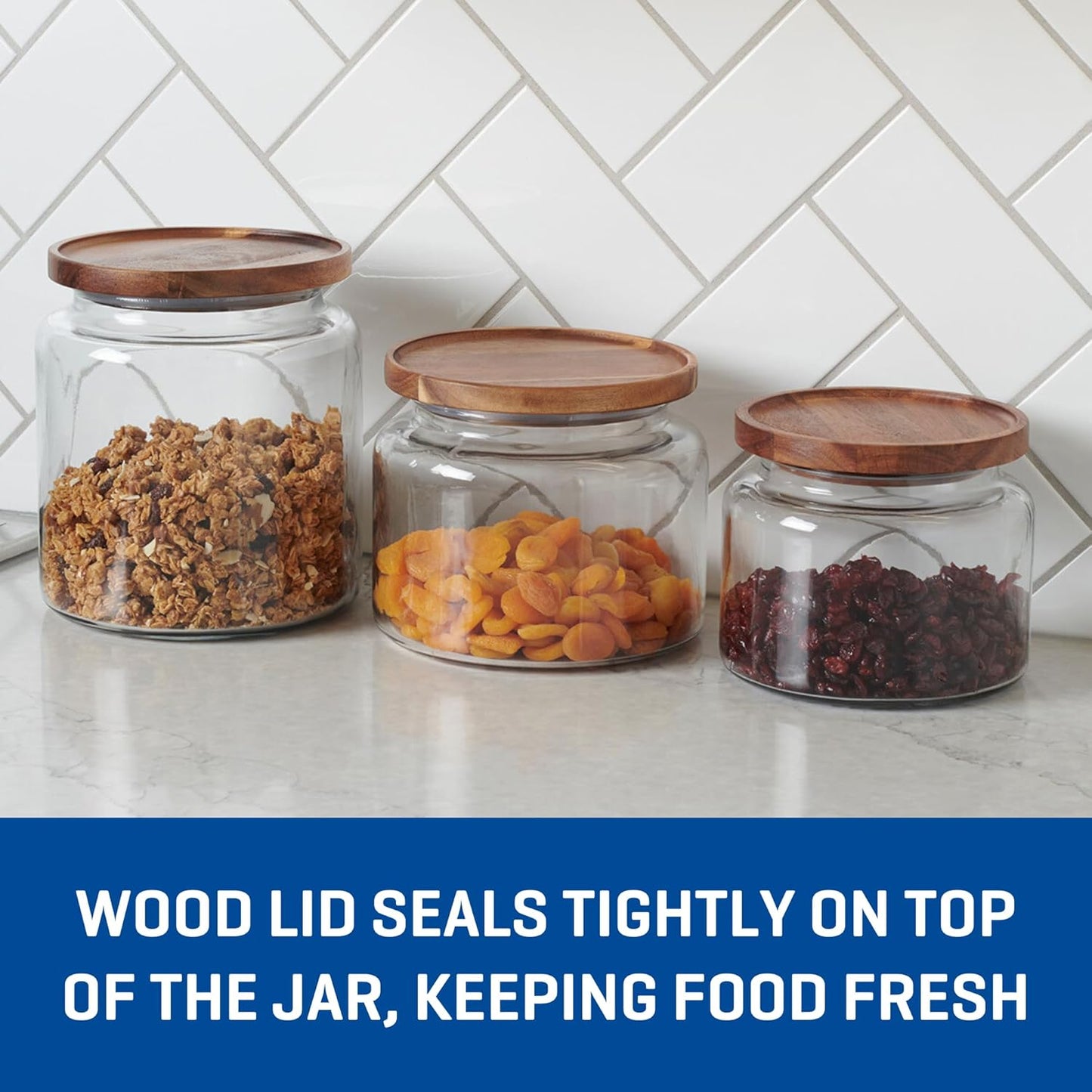 Coastal Blue Montana Jar set with lids (2-piece, 96-ounces, acacia wood lid)