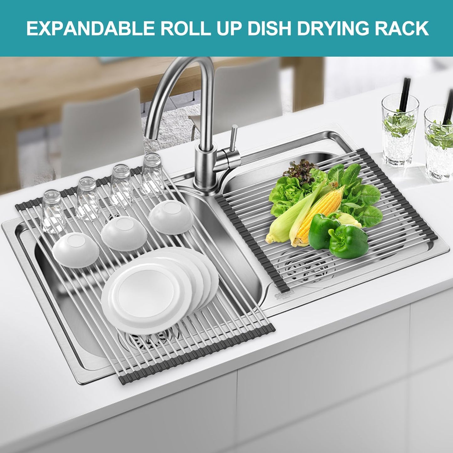 Extra Large Expandable Roll Up Dish Drying Rack,Over The Sink Drying Rack Sink Cover Kitchen Sink Accessories Kitchen Rolling up Stainless Steel Drainer, Foldable,Rollable（Black，22.8''-17.3''）