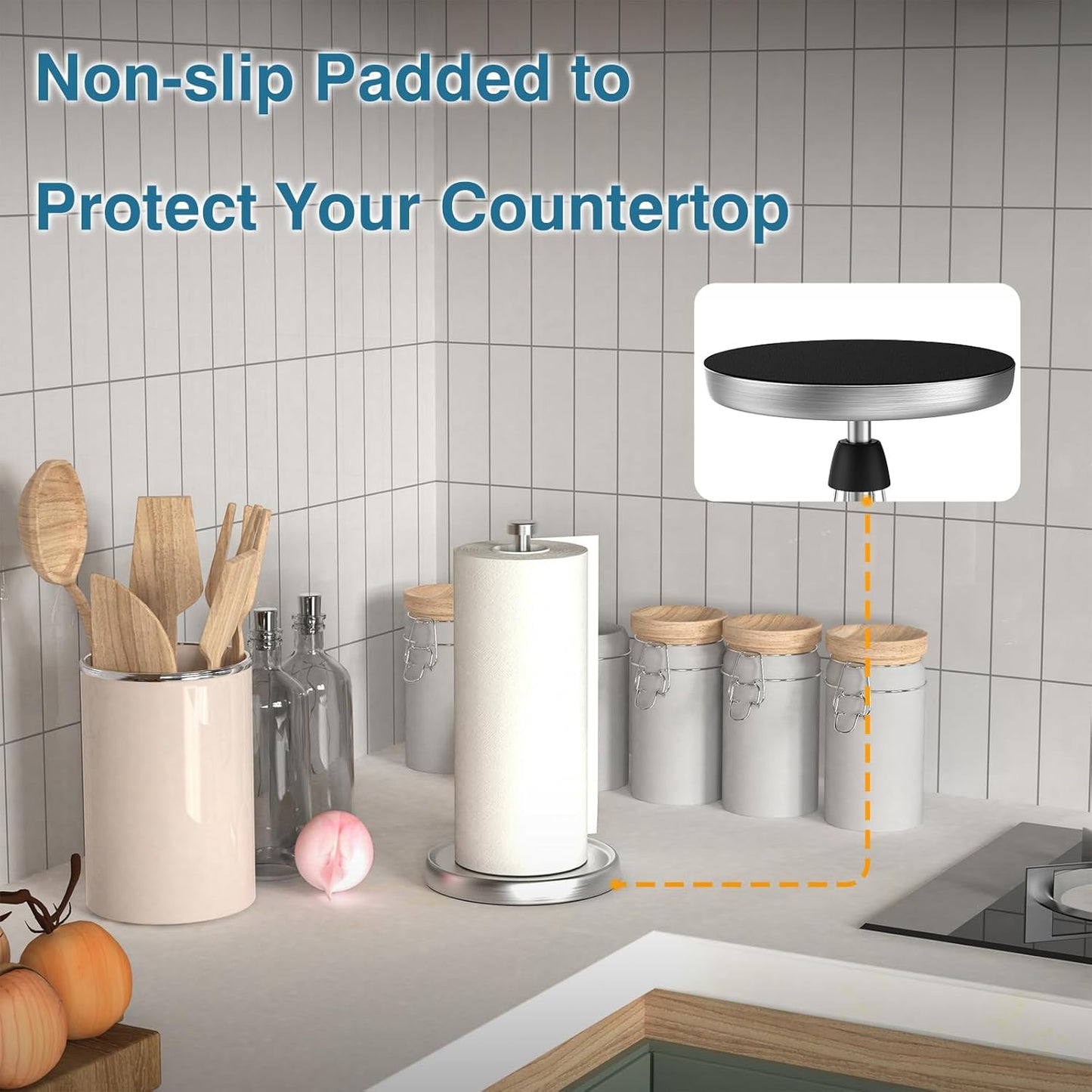 Paper Towel Holder Countertop, One-Handed Tear, Stainless Steel, Weighted Base, Silver