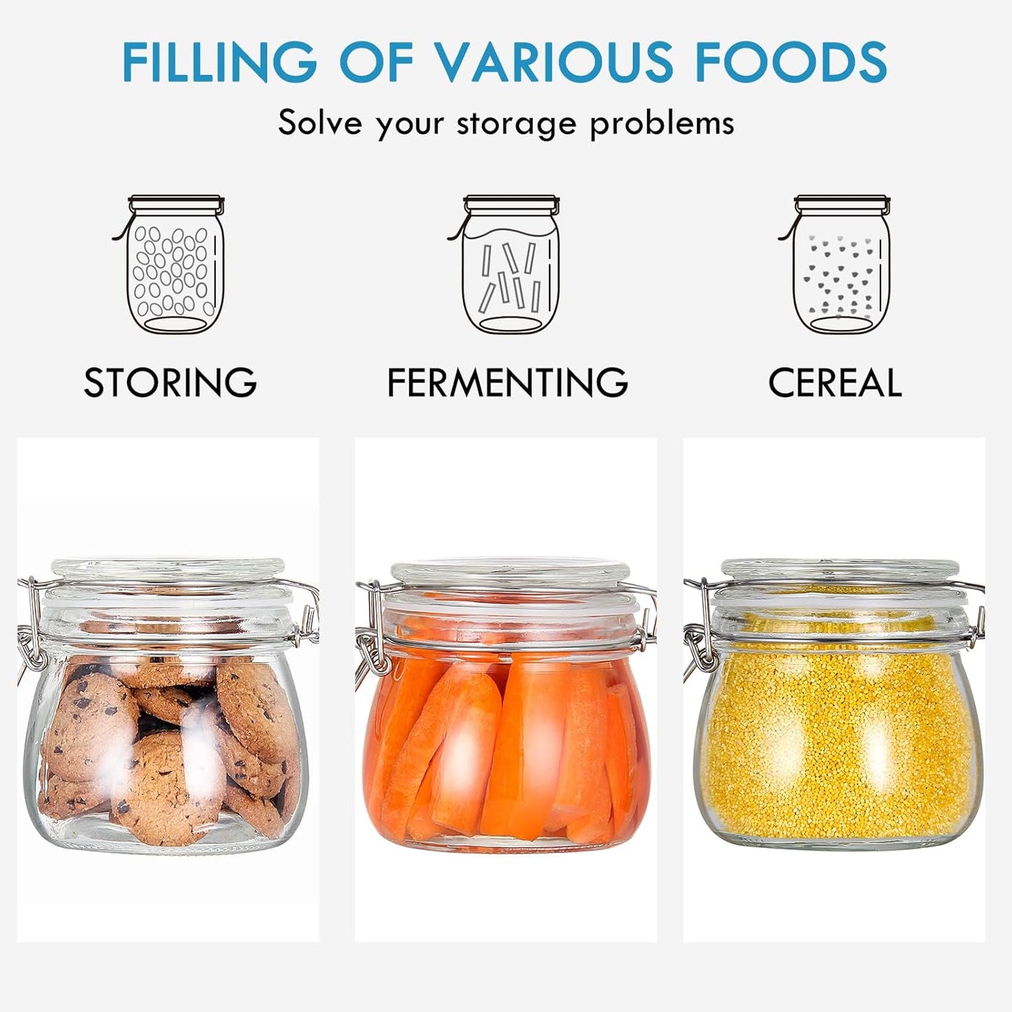 16oz Food Storage Canister Glass Jars with Clamp Airtight Lids and Silicone Gaskets for Multi-Purpose Kitchen Containers - Clear Round (6 Pack)