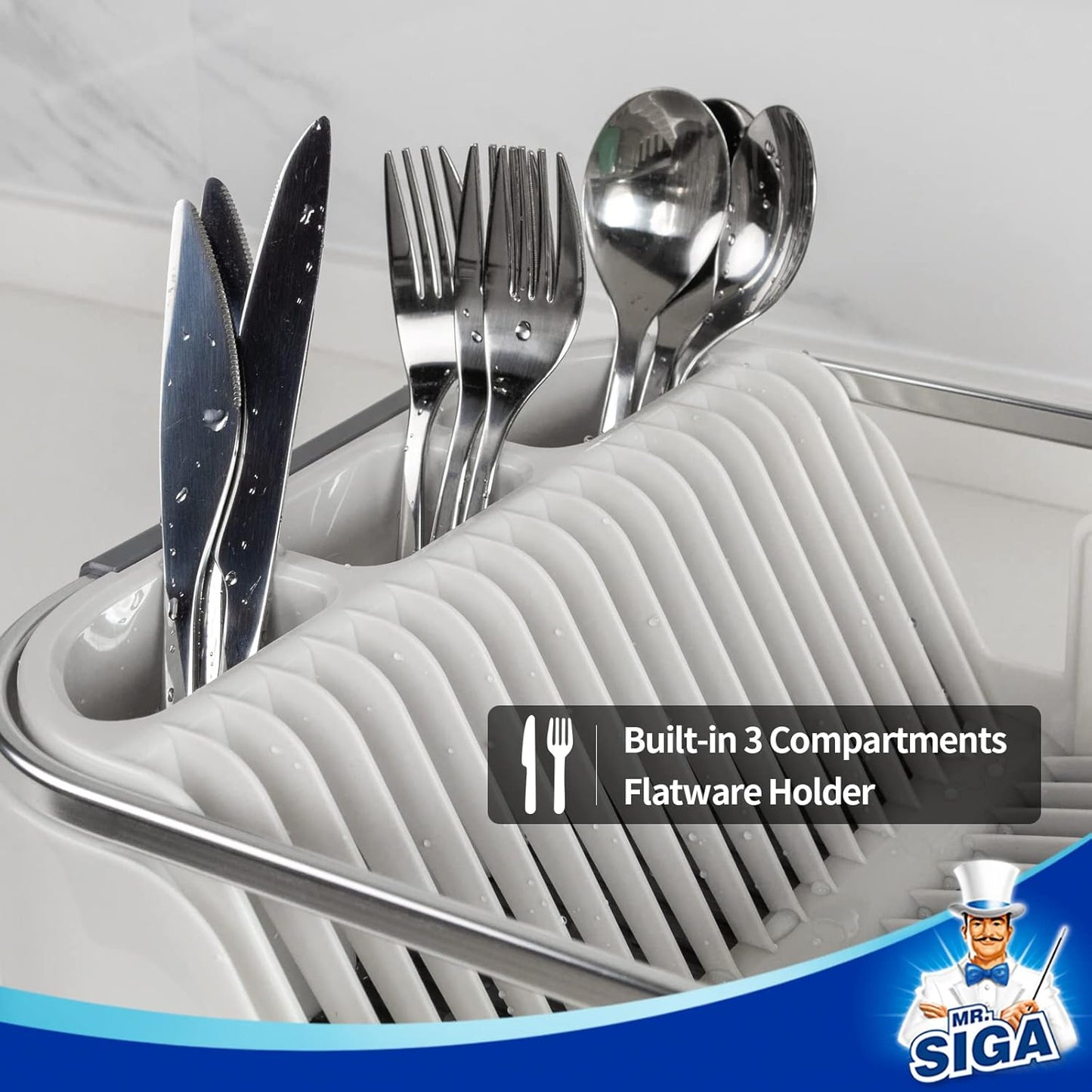 Dish Drying Rack for Kitchen Counter, Compact Dish Drainer with Drainboard