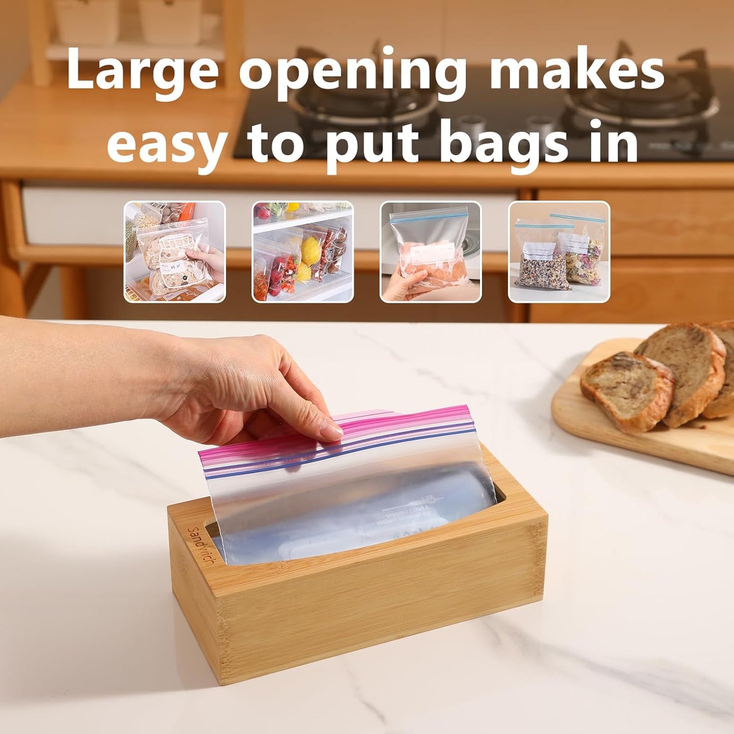 Bamboo Plastic Bag Storage Organizer for Kitchen Drawer, 4 Separate Baggie Organizer