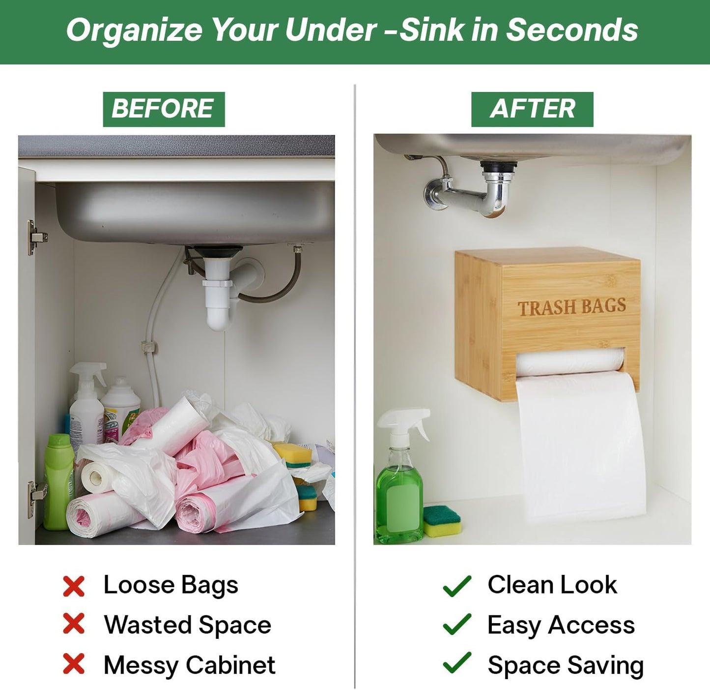 Trash bag holder dispenser | Bamboo garbage bag holder dispenser for Under Sink Storage | Wall Mount trash bag holder | Portable Hanging Organizer for Kitchen & Utility Use