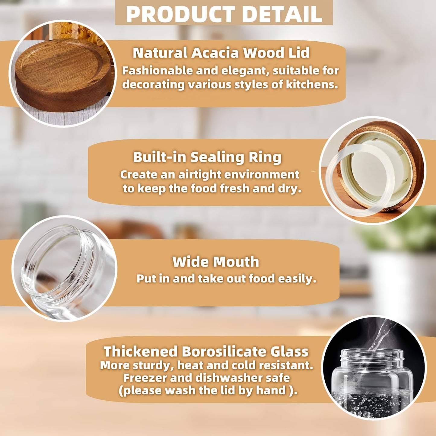 28 Fl oz/850 ml Glass Food Storage Jar, Premium Clear Glass Container Jar with Airtight Screw-on Wooden Lid, Kitchen Canisters for Coffee,Tea,Pasta,Cookies, Nuts,Spice,Candy,Overnight Oatmeal（Medium）