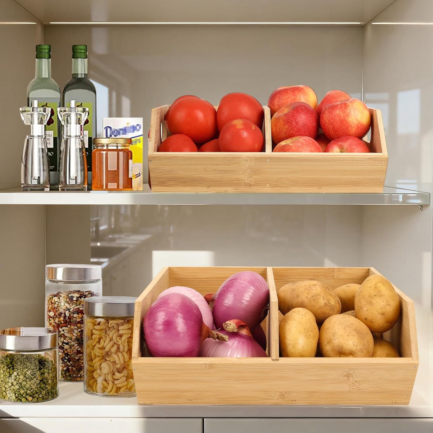 2 Set Pantry Organizers and Storage Bins, Bamboo Stackable Baskets for Potatoes, Onion, Bread