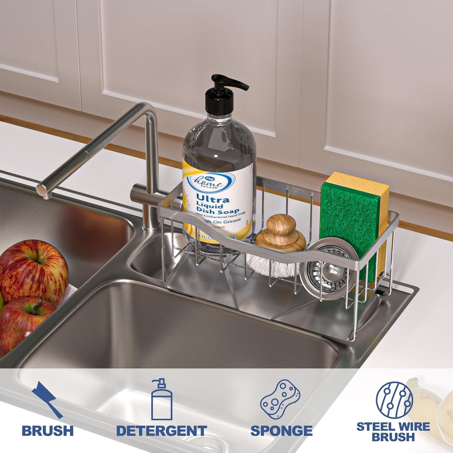 Sponge Holder for Kitchen Sink with Auto Draining Tray, Sink Caddy Kitchen Sink Cocina Organizer