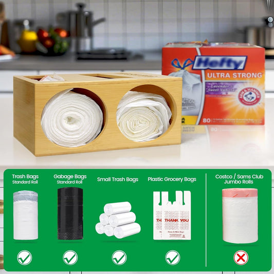 Dual Roll Bamboo Trash Bag Dispenser & Grocery Bag Holder