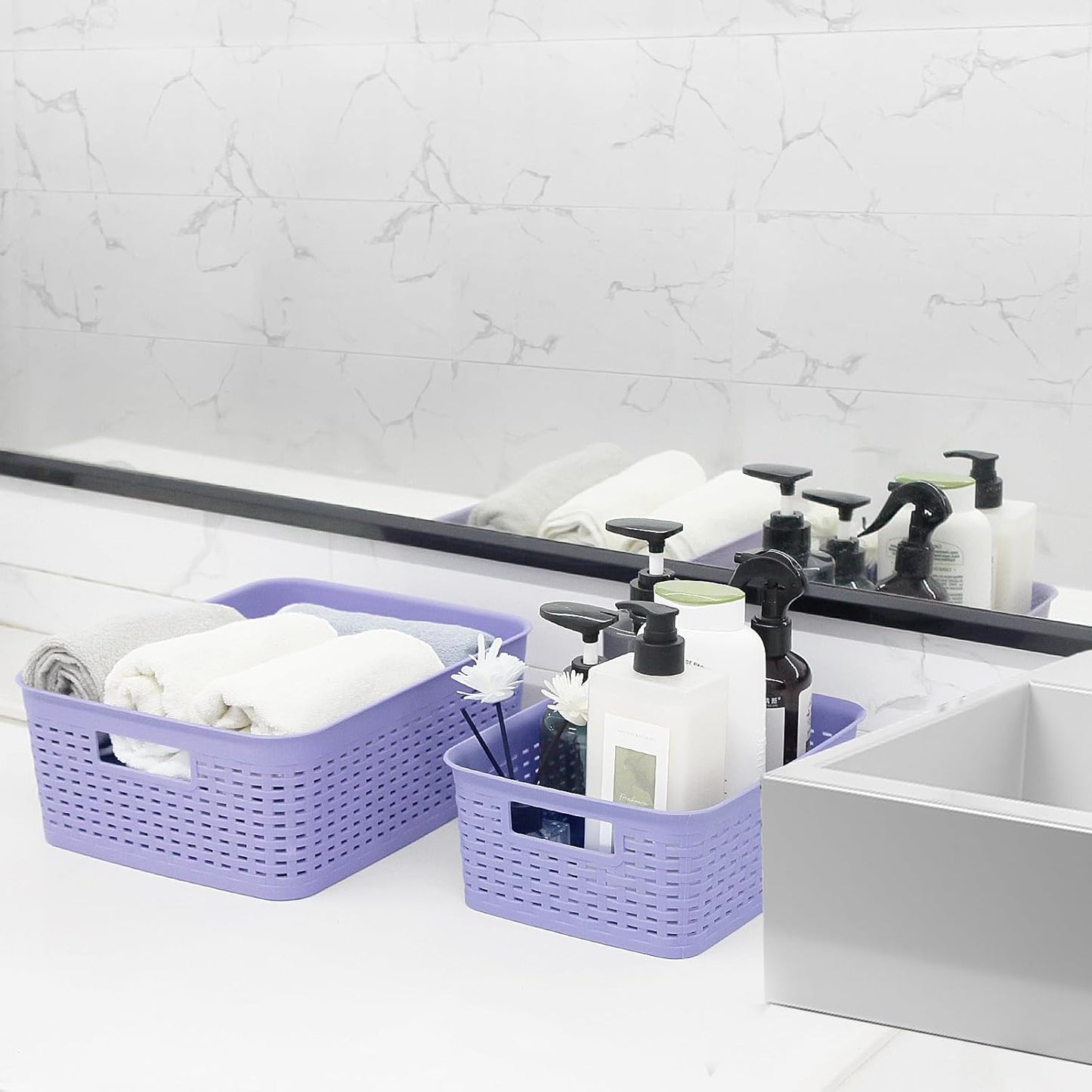 Plastic Storage Baskets for Cabinets, Household Pantry Organization with Handle,Organizer Bins for Room,Bathrooms,Under-Sink,Kitchen (Purple, M-3PACK)