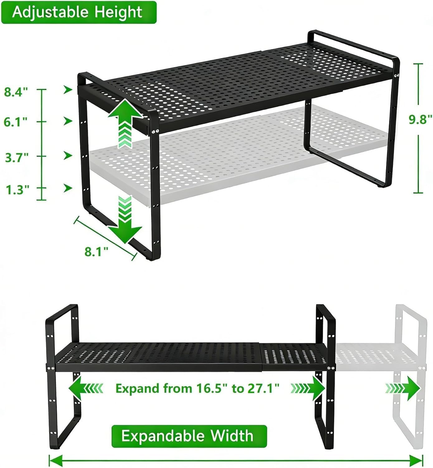Expandable Cabinet Organizer Shelf - Adjustable Width (16.5”-27.1”), Stackable, Heavy Duty 80 lbs