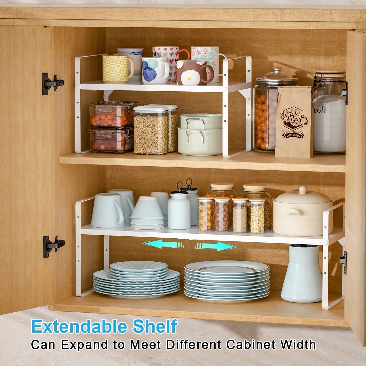 15.5 to 25.5 Inch Kitchen Cabinet Shelf Organizers, Adjustable Kitchen Counter Shelf Organizer