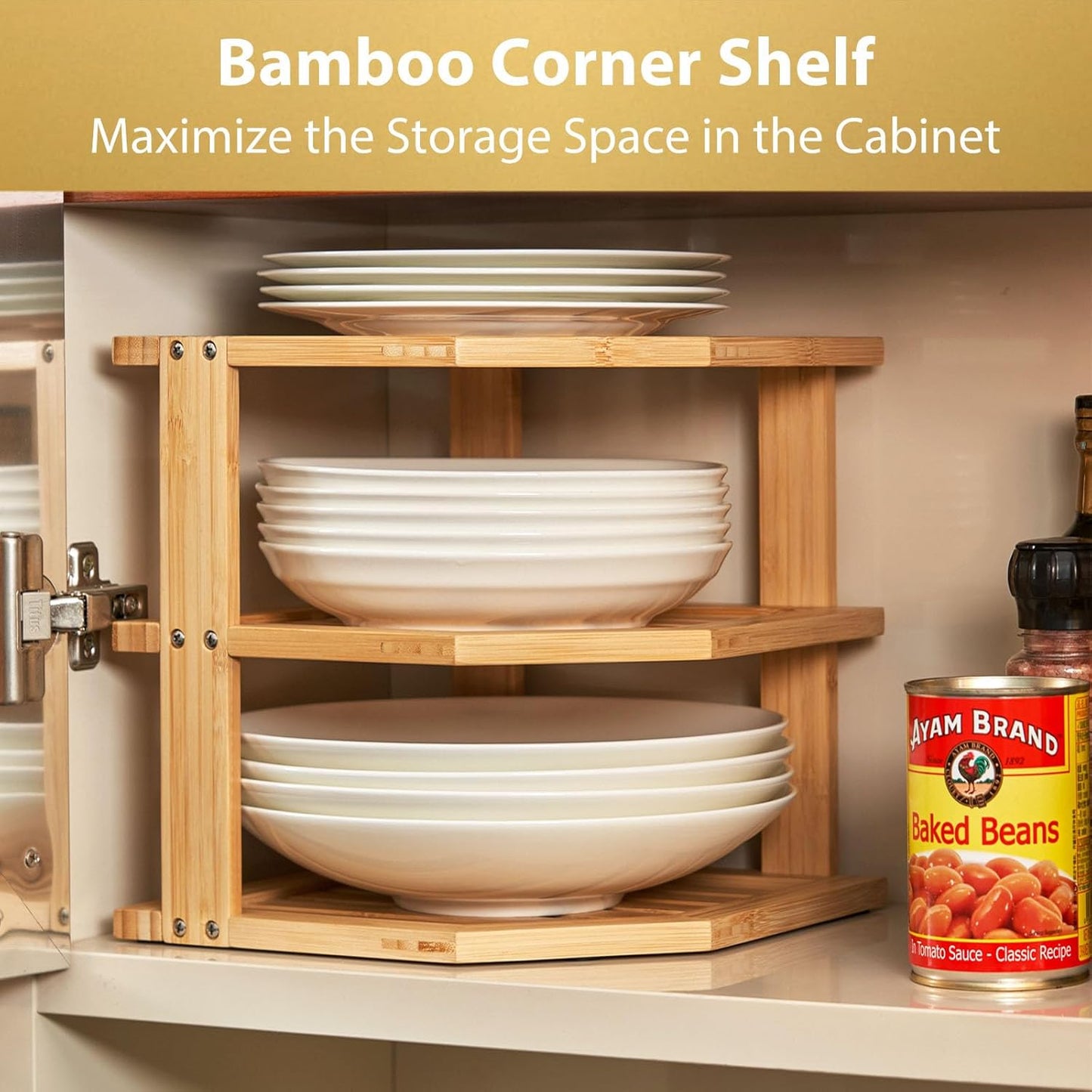 Plate Organizer for Cabinet, Bamboo Corner Shelf, Dish & Bread Organizer, Spice Rack