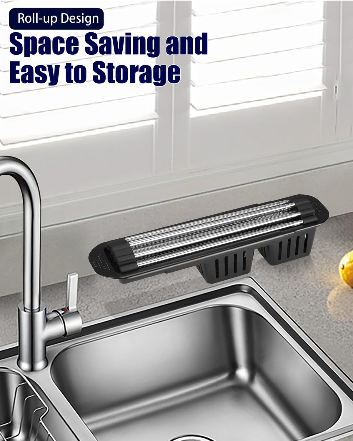 Roll Up Dish Drying Rack,Expandable Over The Sink Dish Drainer,Stainless Steel Kitchen Rolling Sink Rack with Utensil Holder,Length Up to 22.3" (Black)