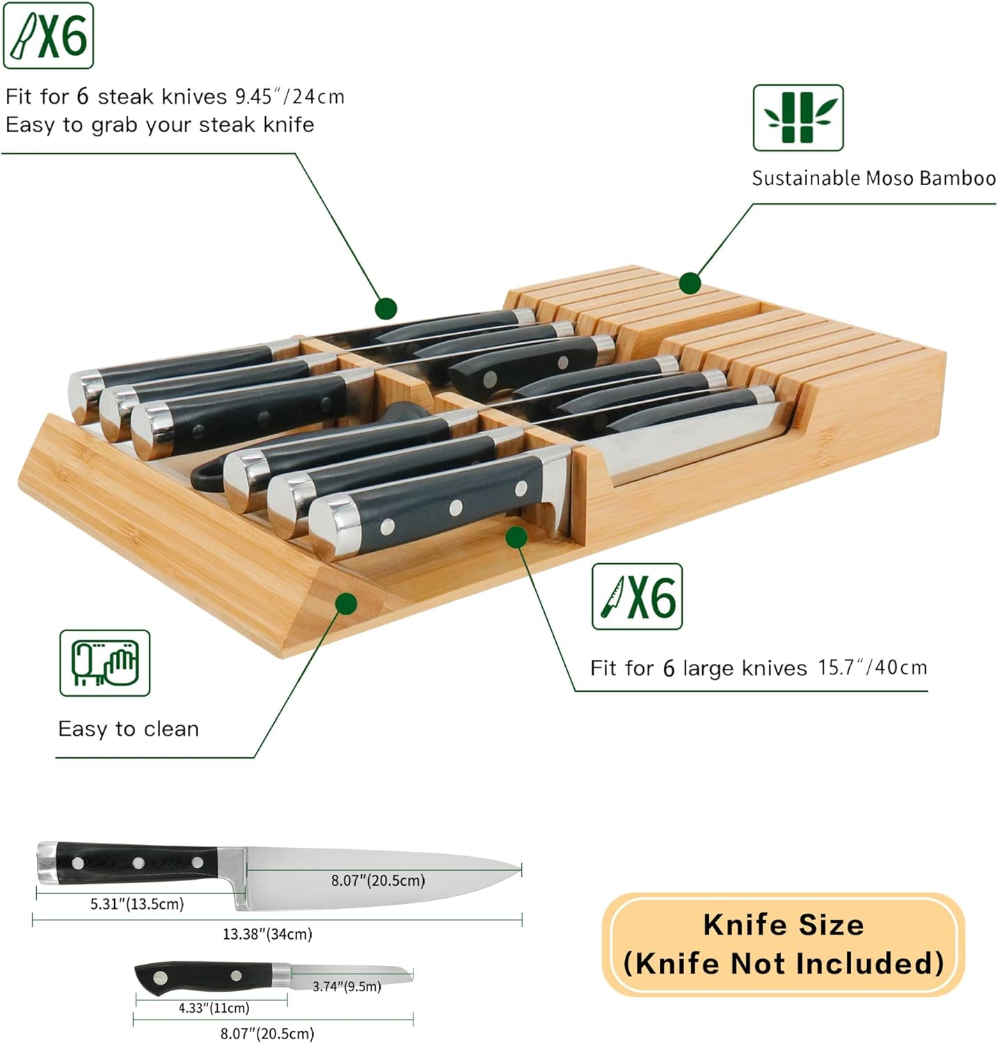 In-Drawer Knife Block Bamboo Kitchen Knife Drawer Organizer