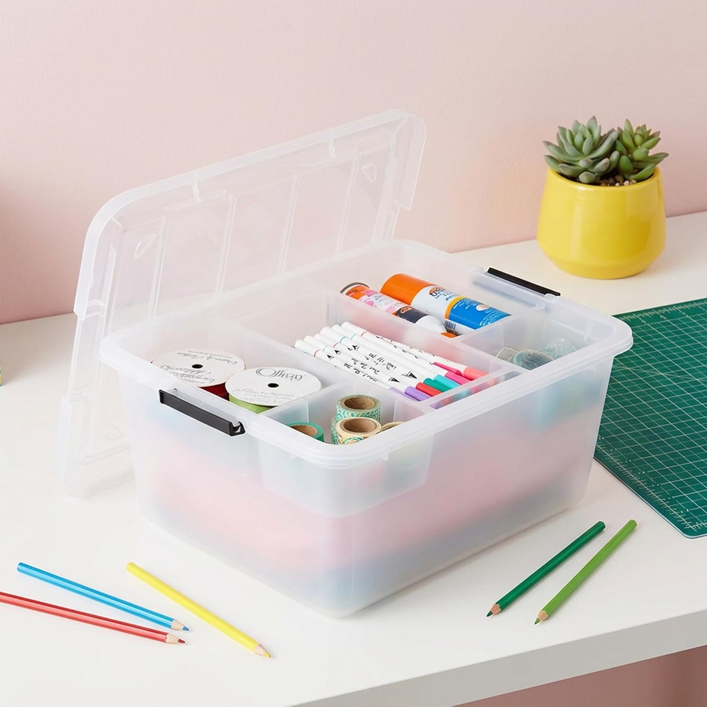 18 QT Clear Storage Organizer with Removable Dividers, Stackable Plastic Storage Box with Lid