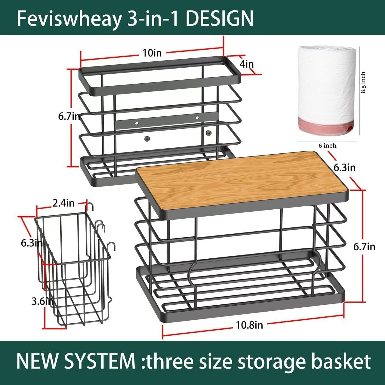 Trash Bag Dispenser Holder Under Sink, 3-in-1 Sturdy Metal Garbage Bag Organizer & Storage with Bamboo Lid, Fits Costco Large Capacity Rolls for Kitchen, Pantry, Laundry Room