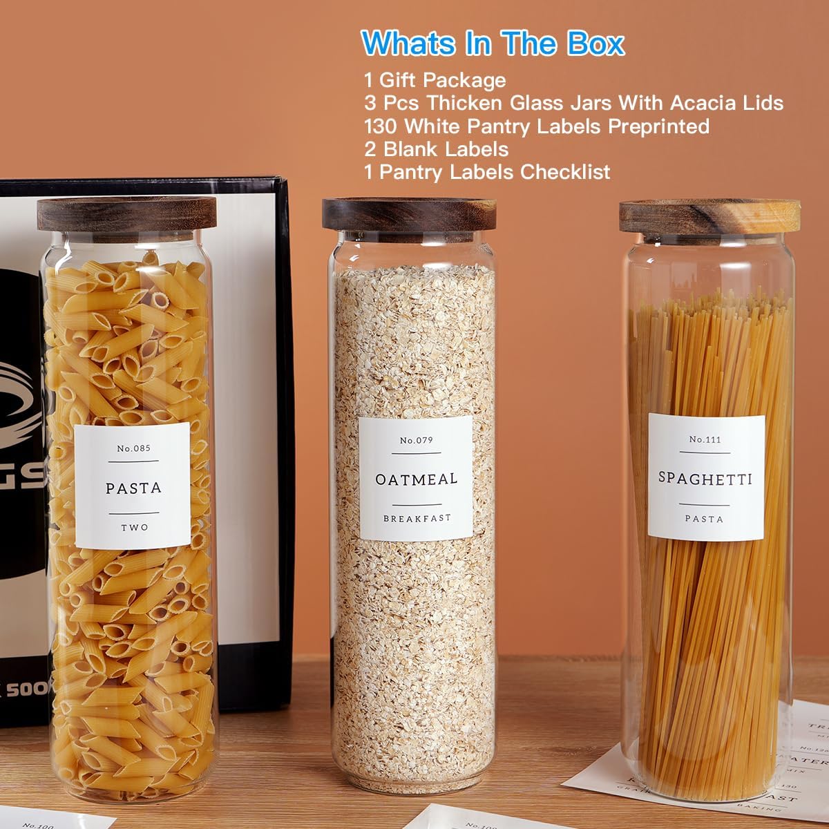 3 Set Glass Pantry Storage Jars with Acacia Airtight Lid