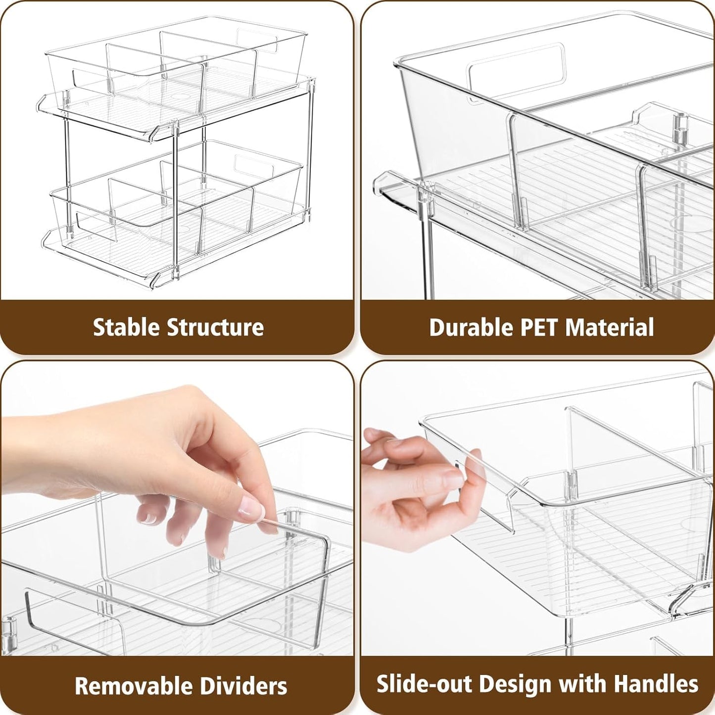Pull-out Home Organizer, 2 Pack 2 Tier Clear Bathroom Organizer with Dividers