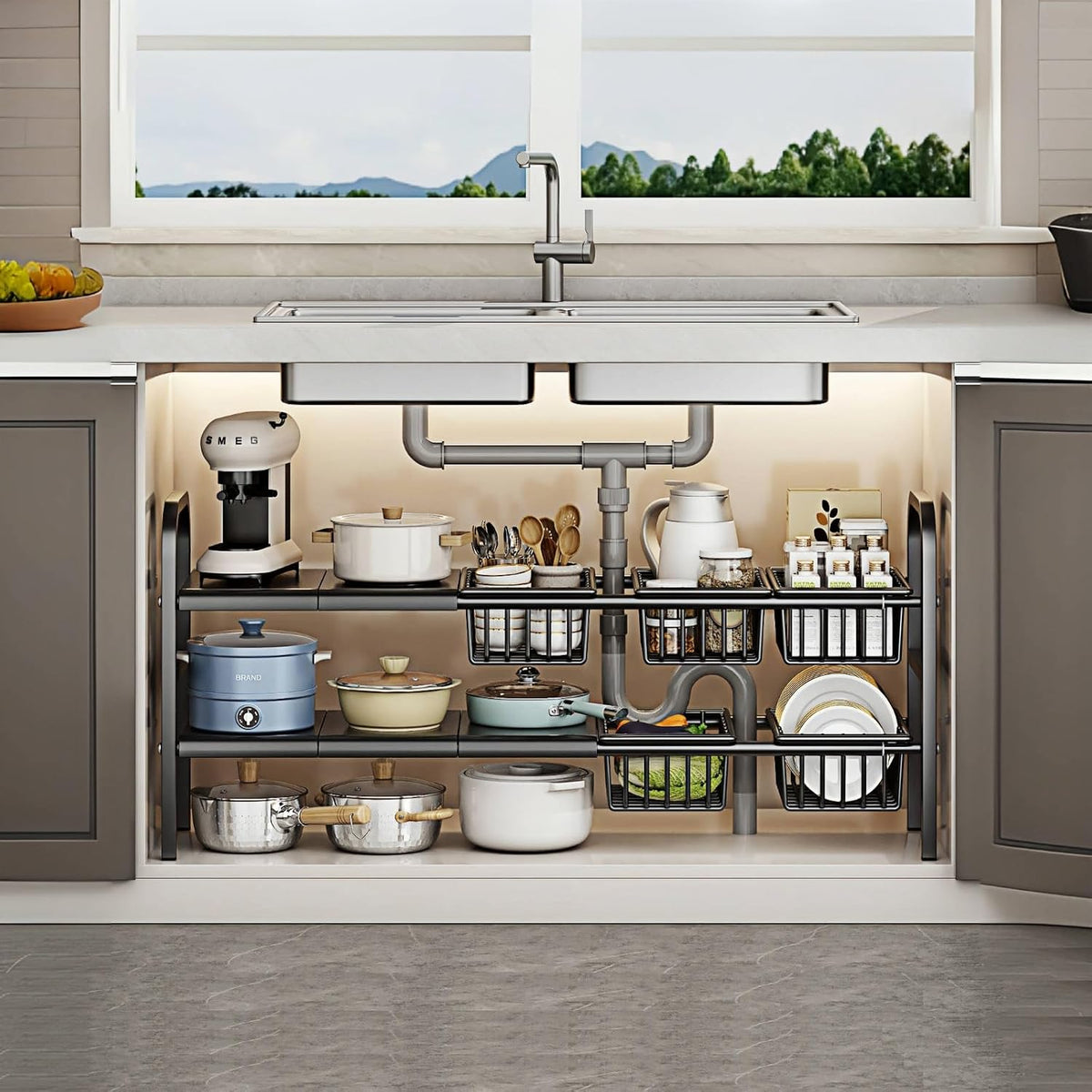 Under Sink Organizer，2 Tier Expandable Heavy Duty Metal Shel