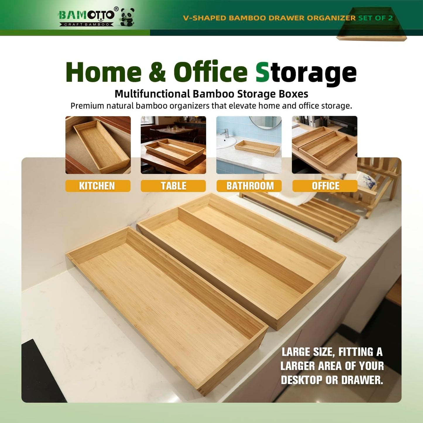 V-Shaped 2-Pack 19.6" Long Bamboo Drawer Organizer Box