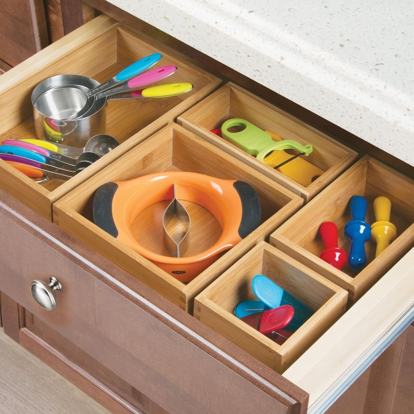 Bamboo Kitchen Cabinet Drawer Organizer Tray Bin - Eco-Friendly, Multipurpose - Use in Drawers