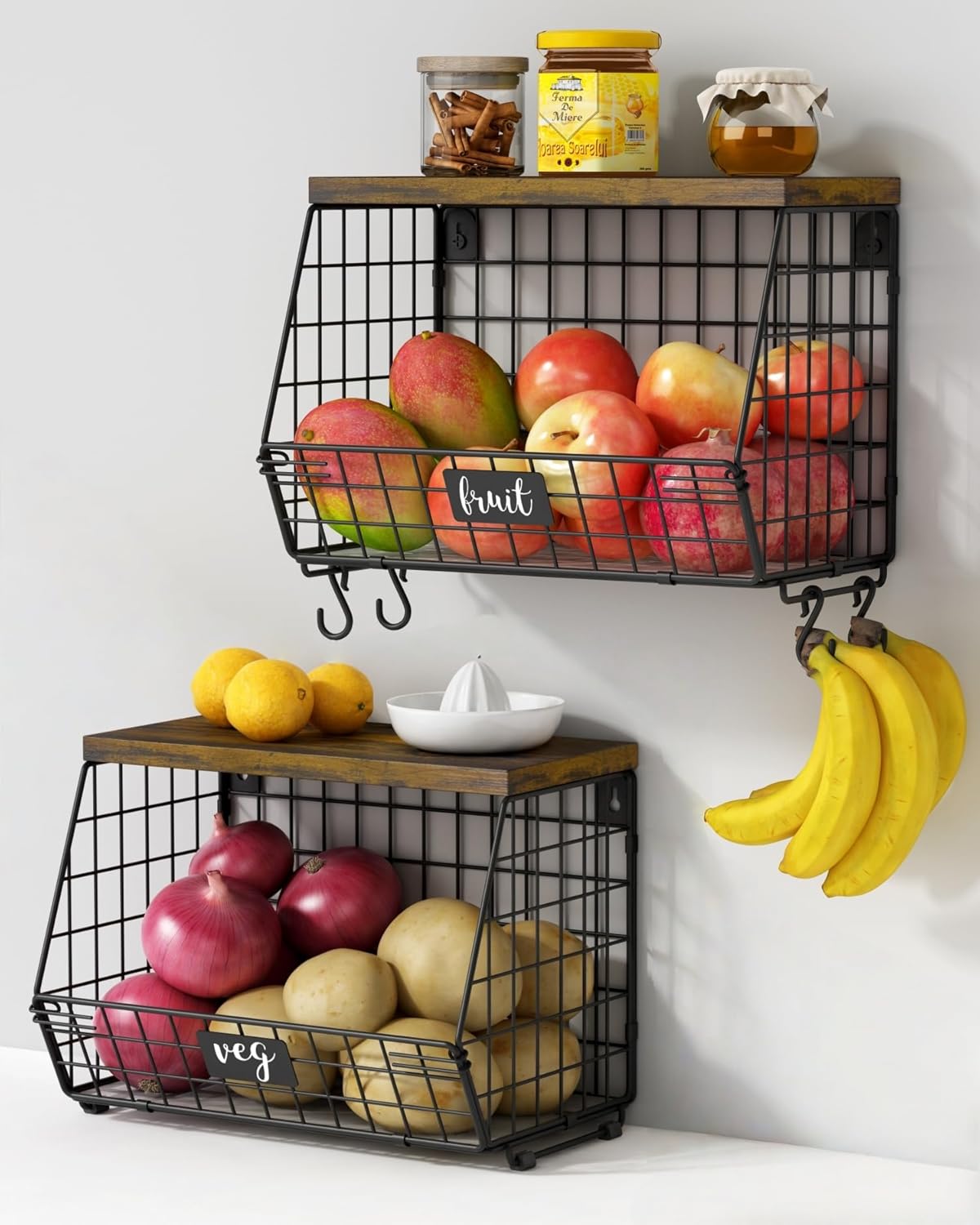 Hanging Wall Fruit Basket for Kitchen Counter 2 Pack